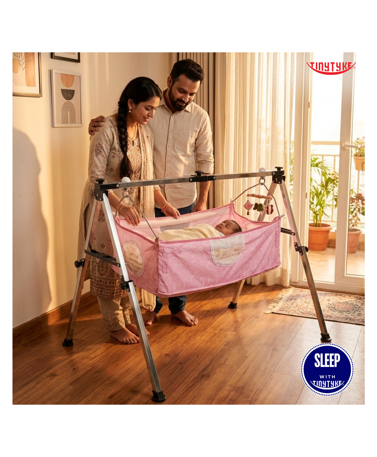 TinyTyke-Manual Baby Cradle Square Pipe - Fully Foldable | Square Hammock with Mattress | Pink-image-20