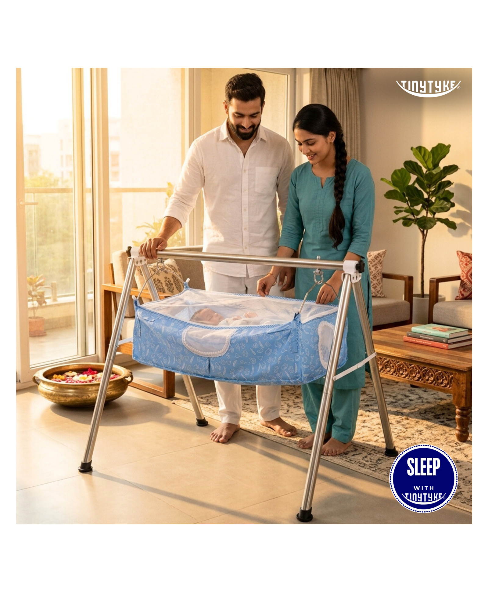 TinyTyke-Manual Baby Cradle Round Pipe - Semi Foldable | Square Hammock with Mattress | Blue-image-15