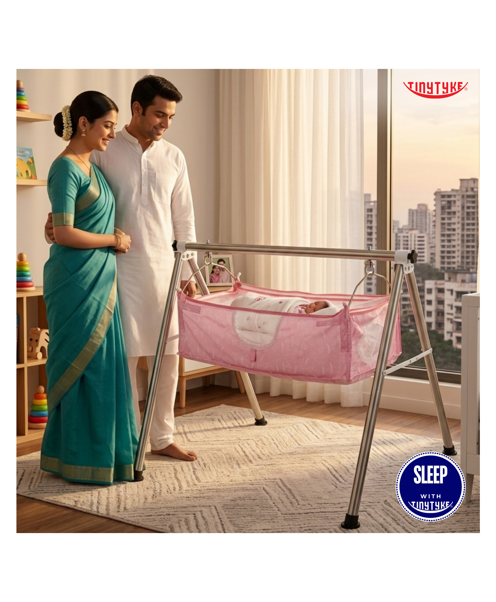 TinyTyke-Manual Baby Cradle Round Pipe - Semi Foldable | Square Hammock with Mattress | Pink-image-21