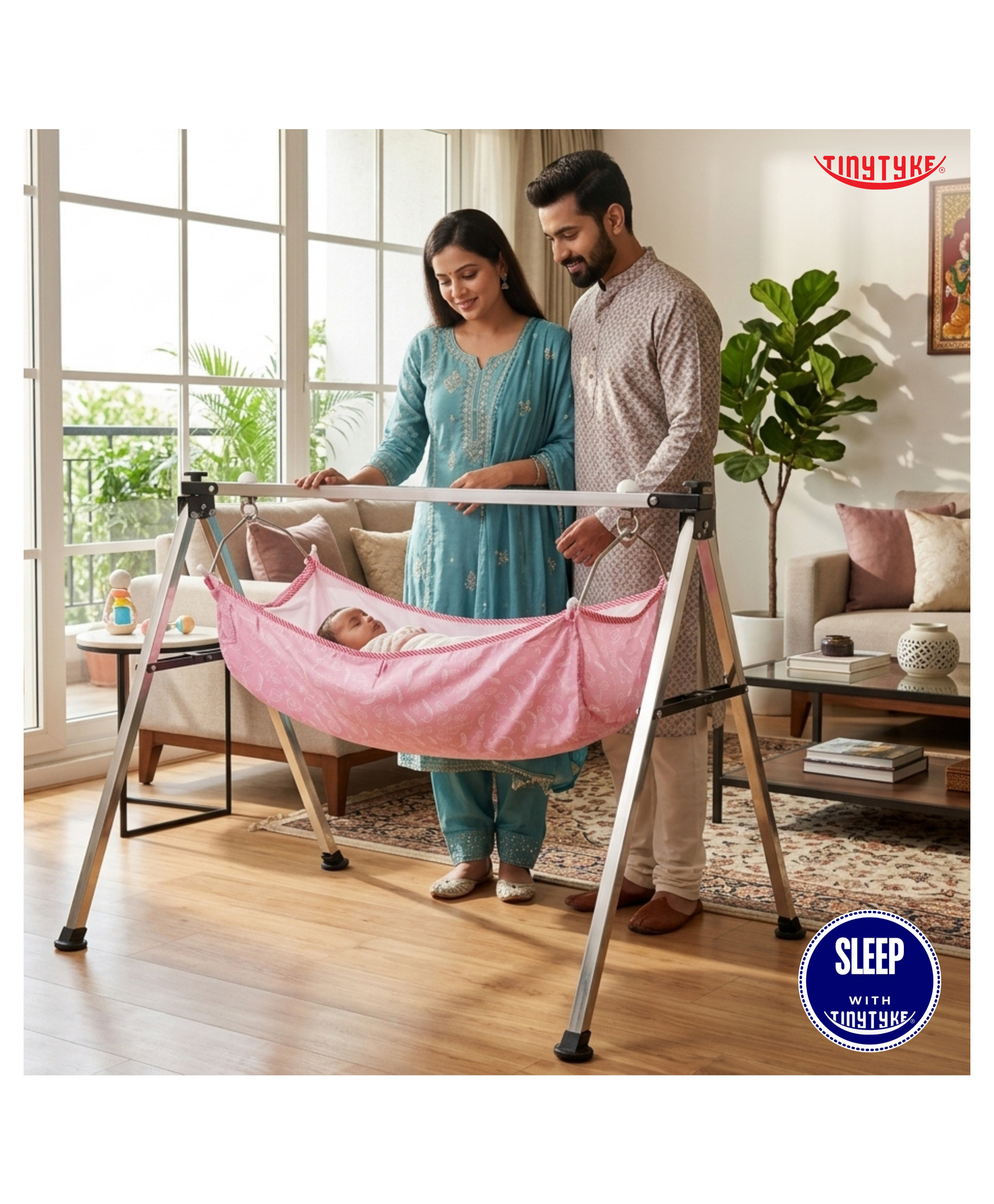 TinyTyke-Manual Baby Cradle Square Pipe - Semi Foldable | Simple Hammock | Pink-image-17