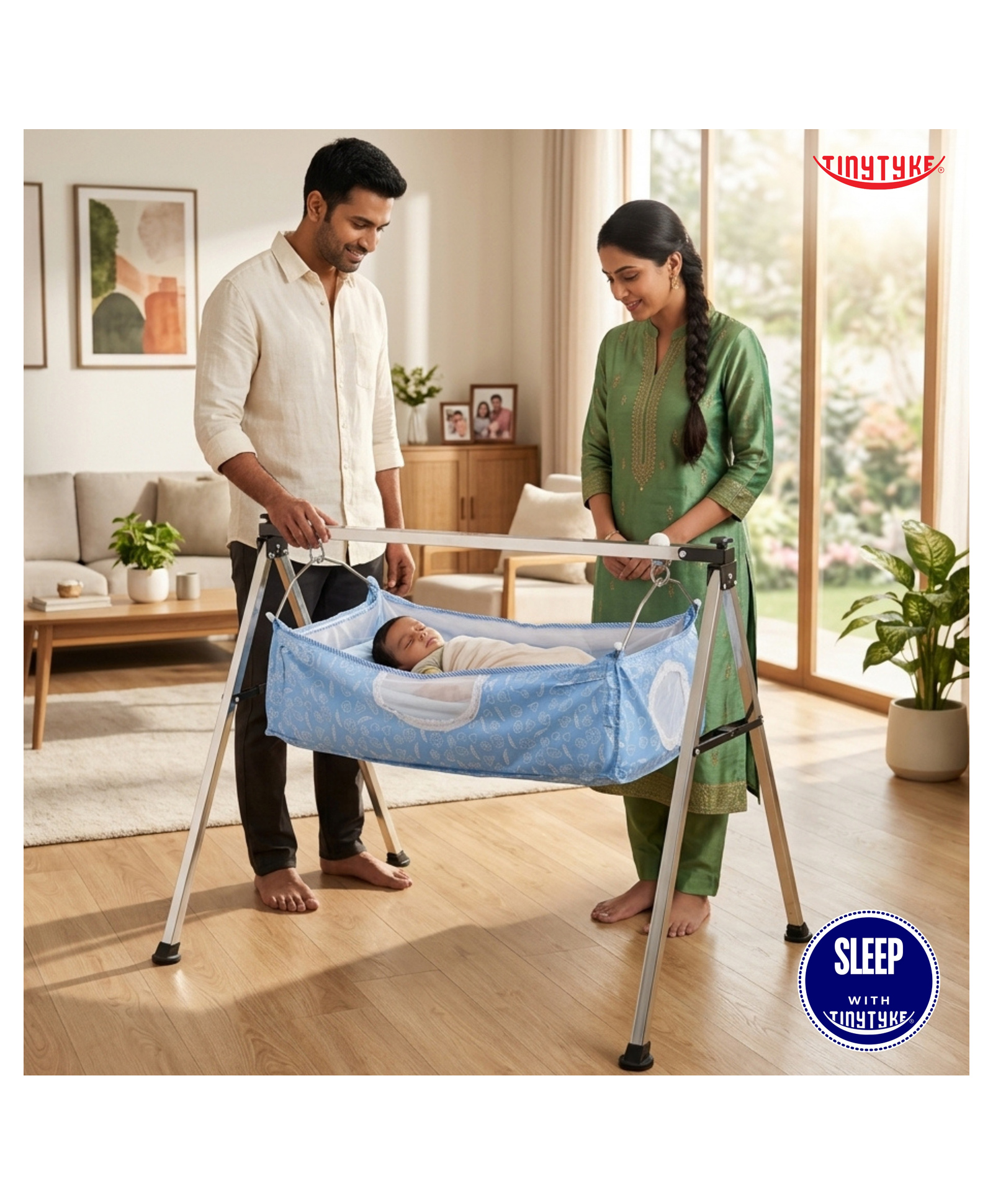 tiny tyke TinyTyke-Manual Baby Cradle Square Pipe - Semi Foldable | Square Hammock with Mattress | Blue-picture-21