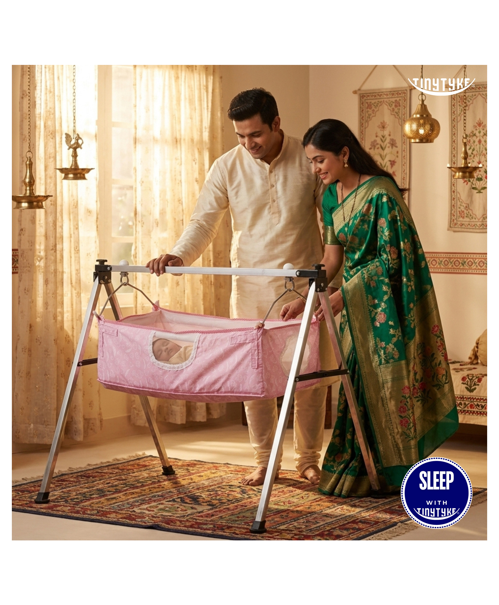 TinyTyke-Manual Baby Cradle Square Pipe - Semi Foldable | Square Hammock with Mattress | Pink-image-25