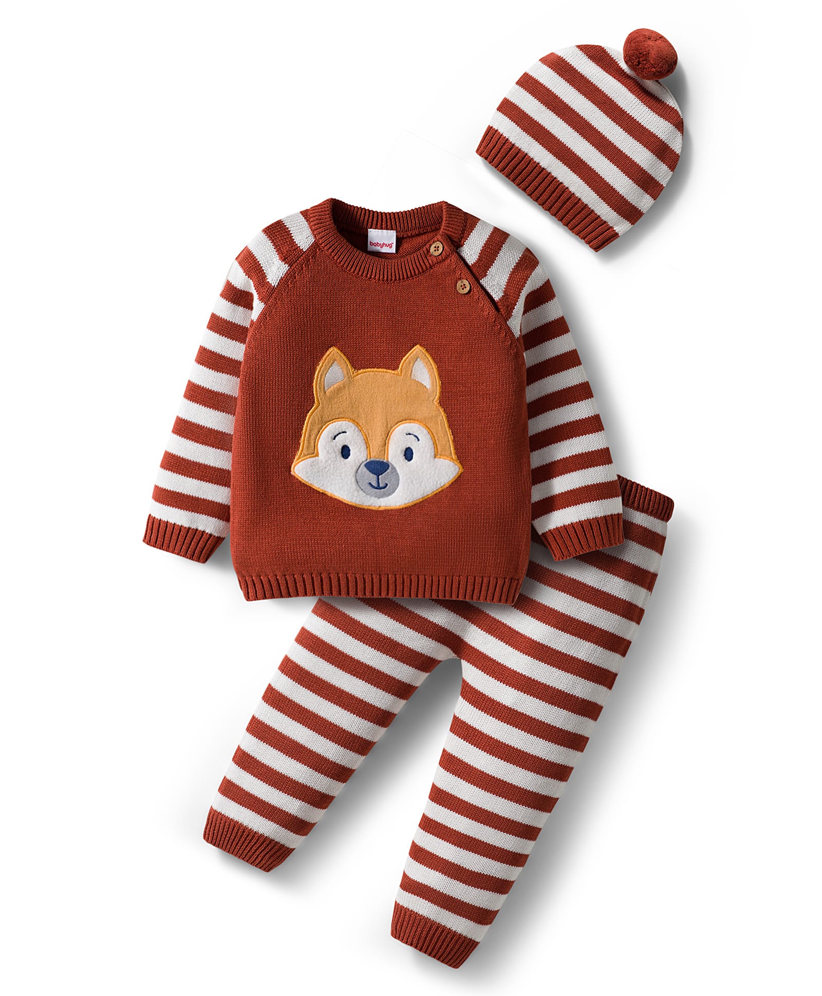 Babyhug Organic Cotton Knit Full Raglan Sleeves Striped Pullover Sweater Set with Cap & Fox Patch Detailing - Brown-image-32