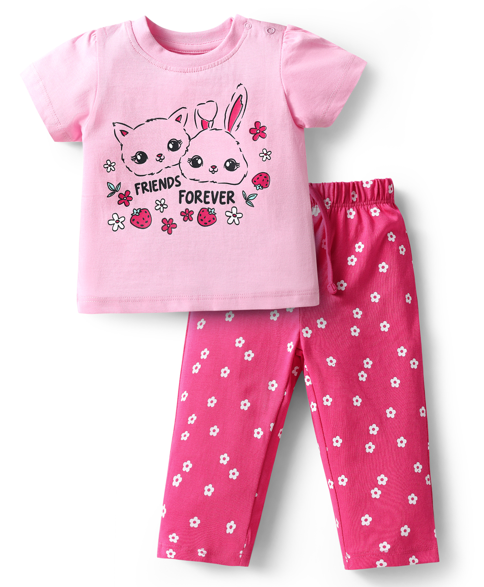 Doodle Poodle 100% Cotton Knit Half Sleeves Night Suit With Animal & Floral Print - Pink-image-26