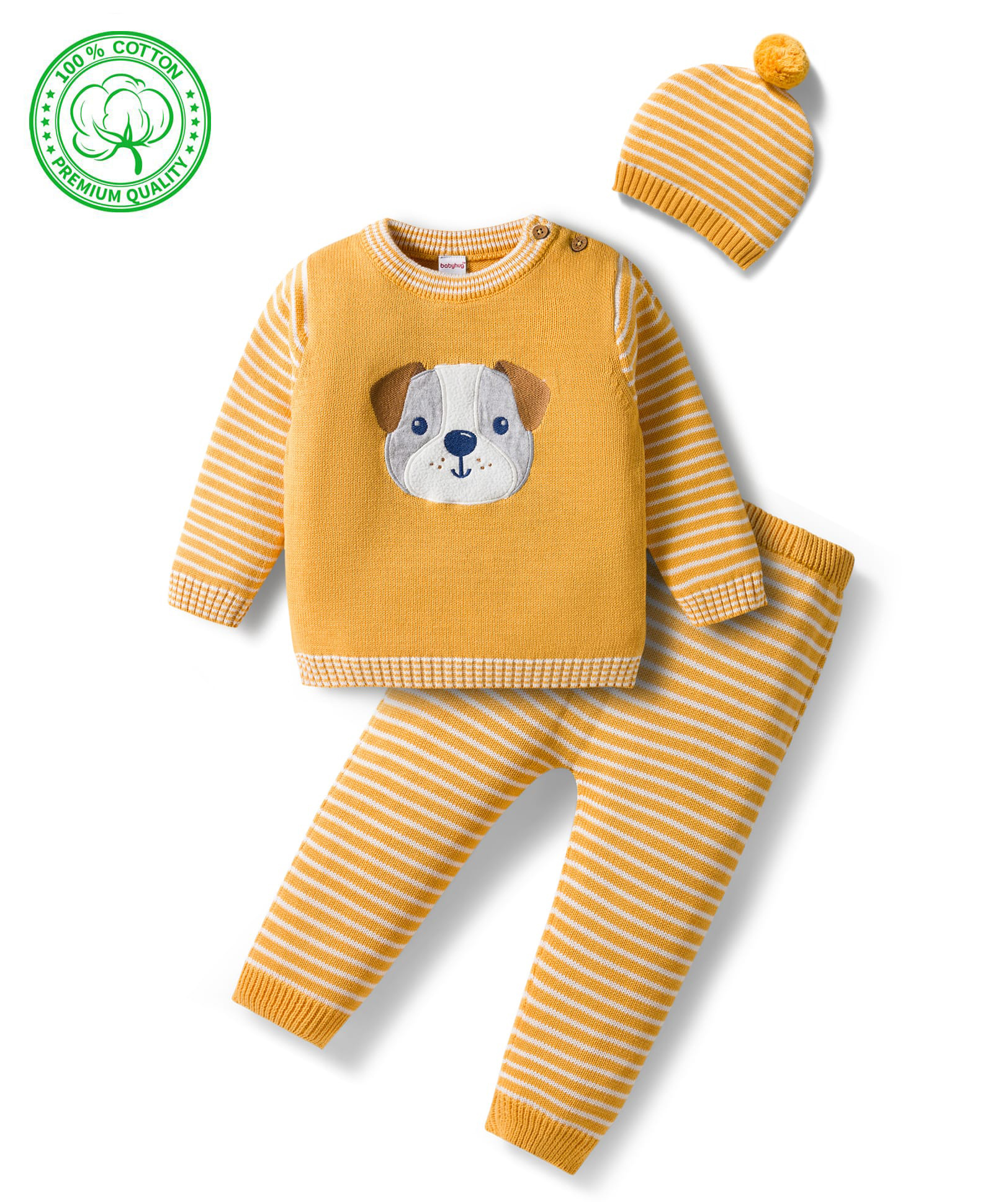 Babyhug Organic Cotton Knitted Full Sleeves Striped Pullover Sweater Set With Dog Embroidery - Yellow-picture-31