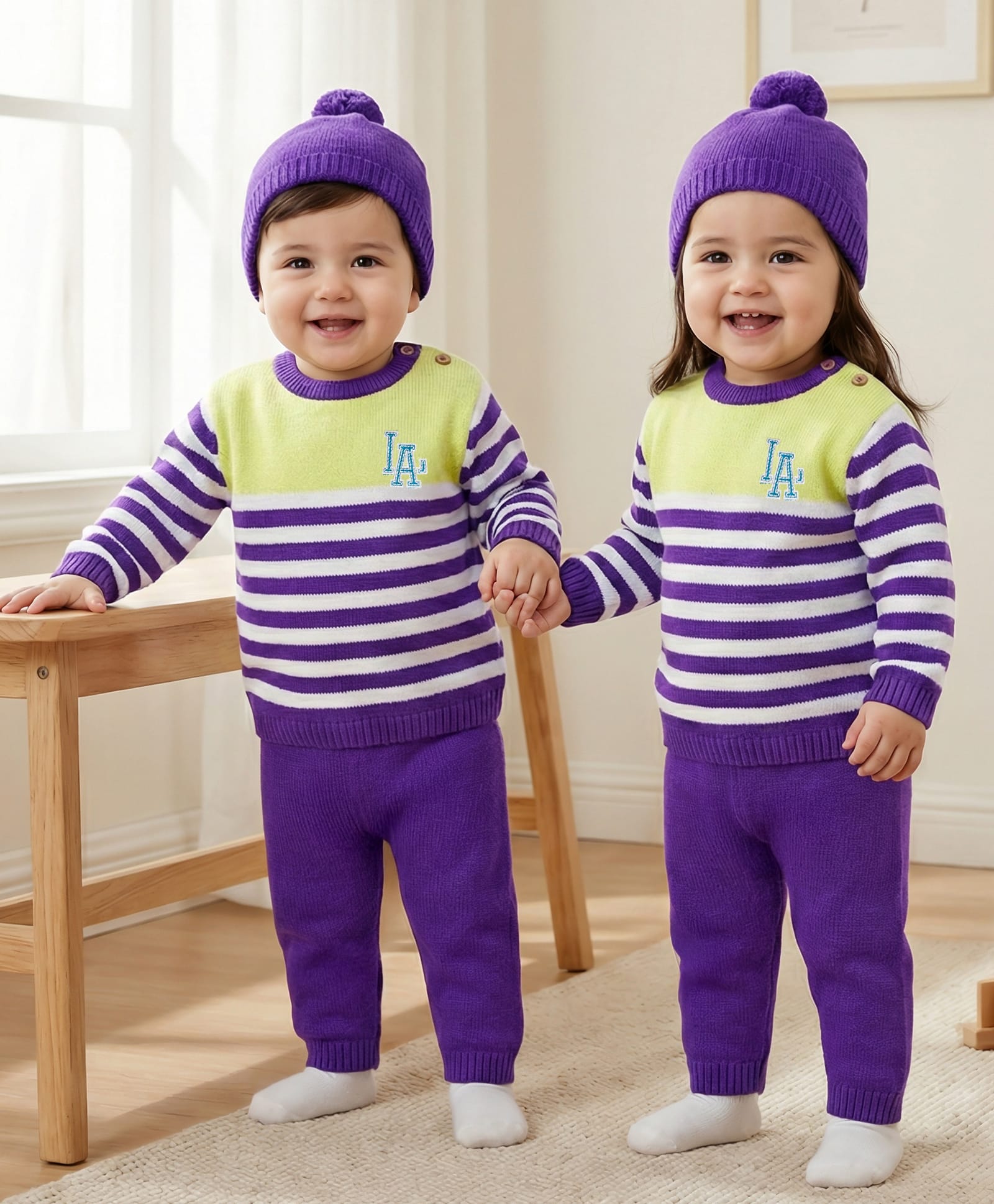 Babyhug Organic Cotton Knit Full Sleeves Striped Pullover Sweater Set with Cap & Embroidery - Purple