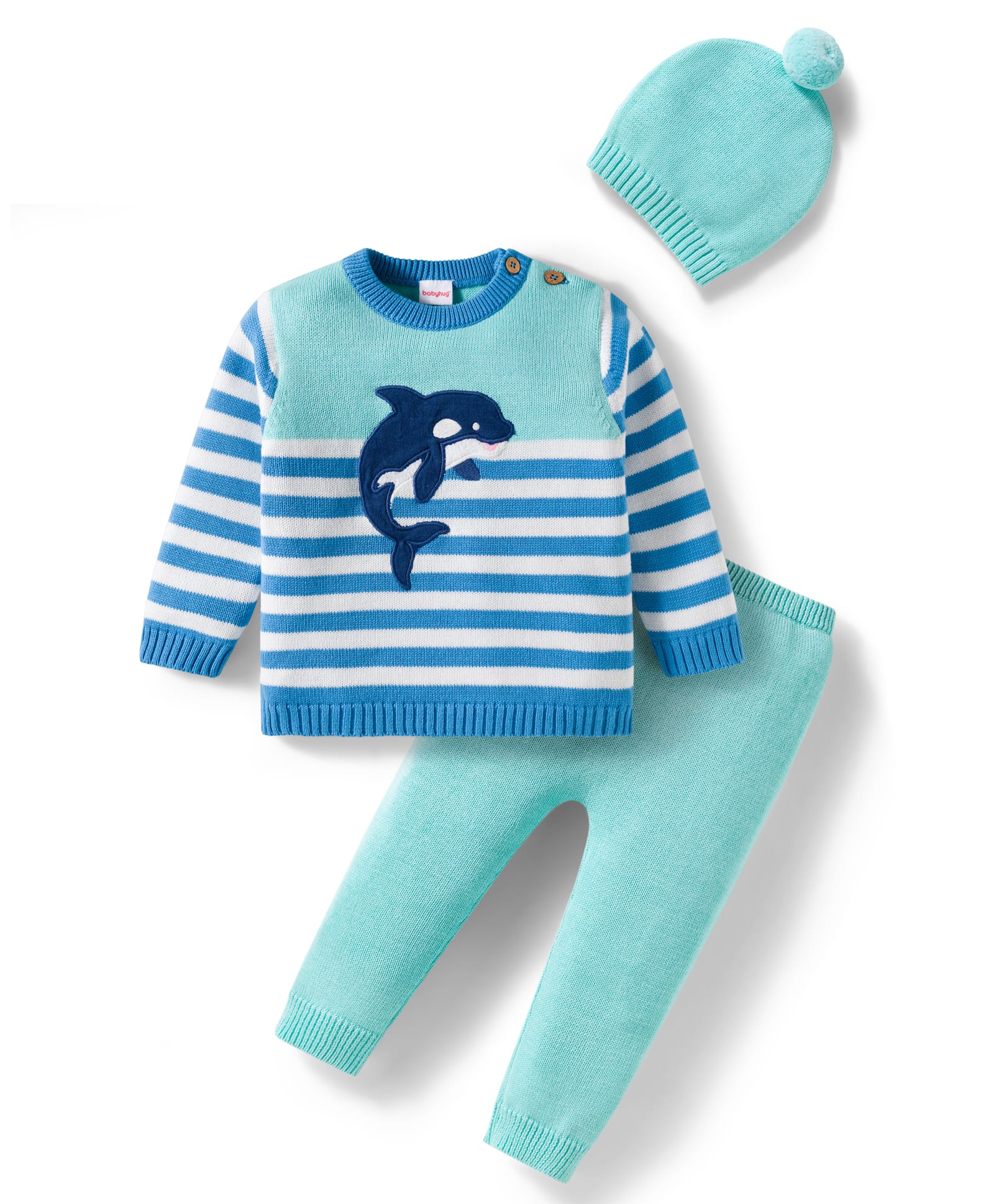 Babyhug Organic Cotton Knit Full Sleeves Striped Pullover Sweater Set with Cap & Patch Detailing - Aqua Blue-image-11