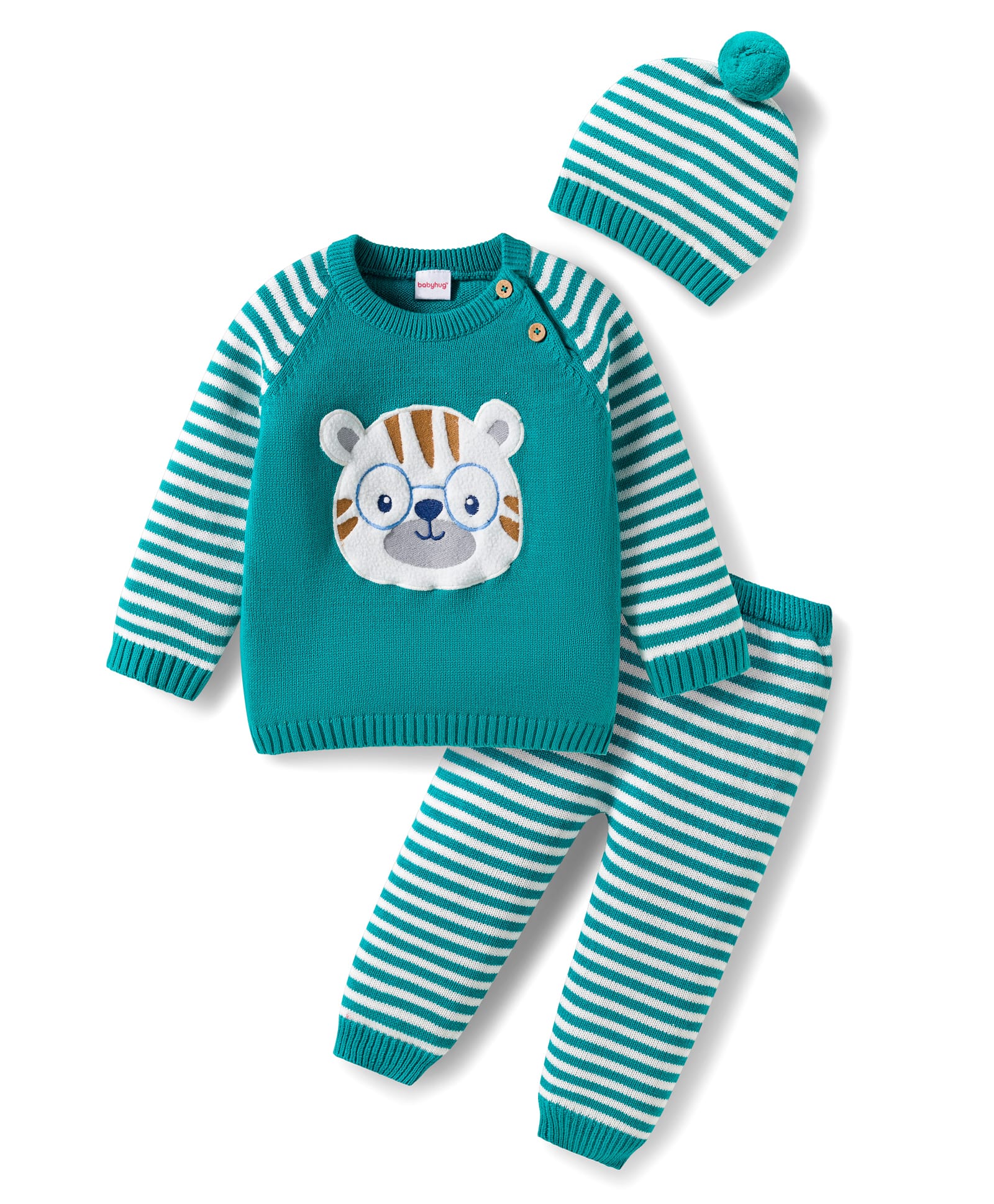 Babyhug Organic Cotton Knit Full Raglan Sleeves Sweater Set with Stripes & Bear Design & Cap - Teal Blue-picture-12