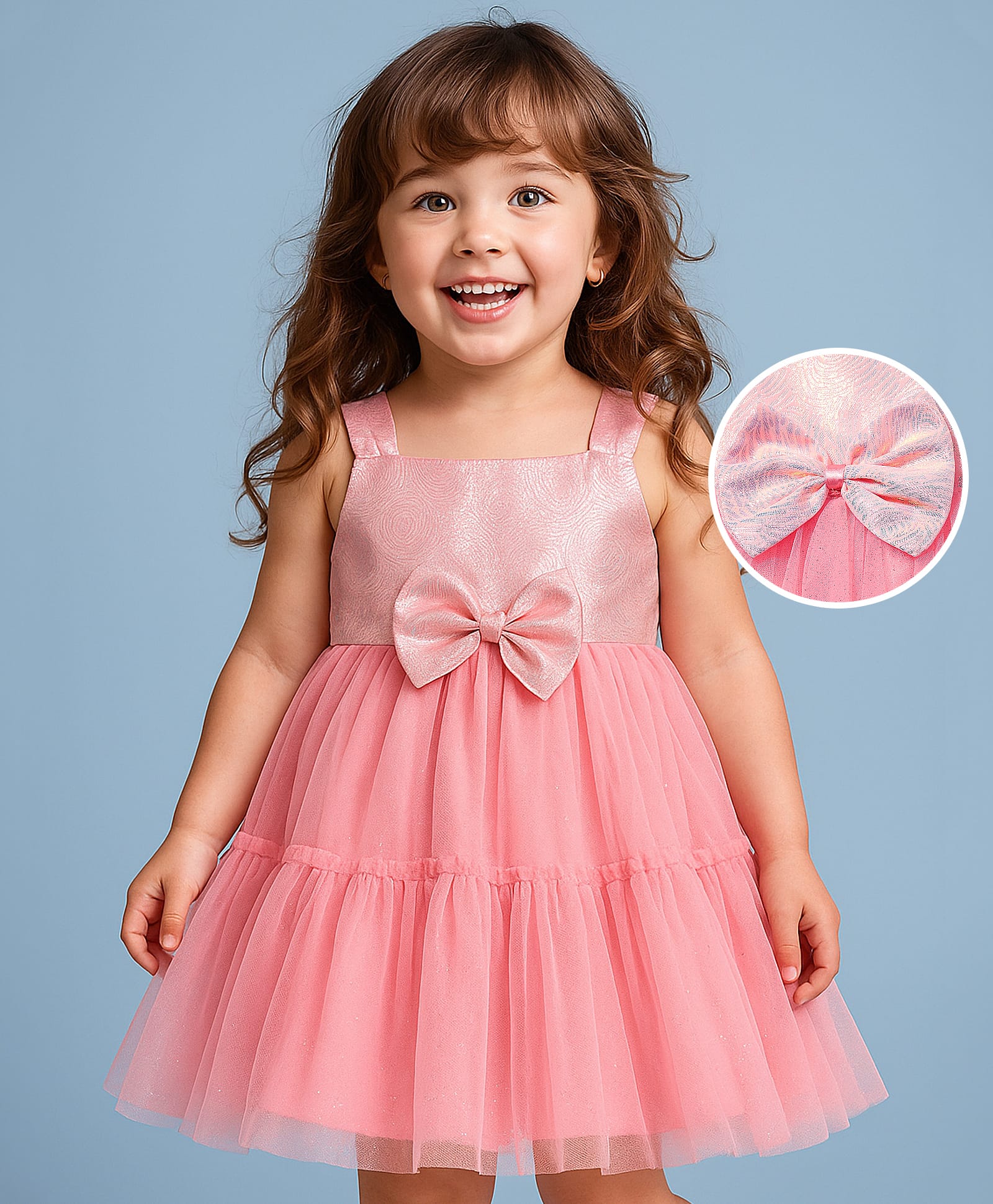Babyhug Woven Sleeveless Mesh Party Dress With Bow Applique - Peach-image-15