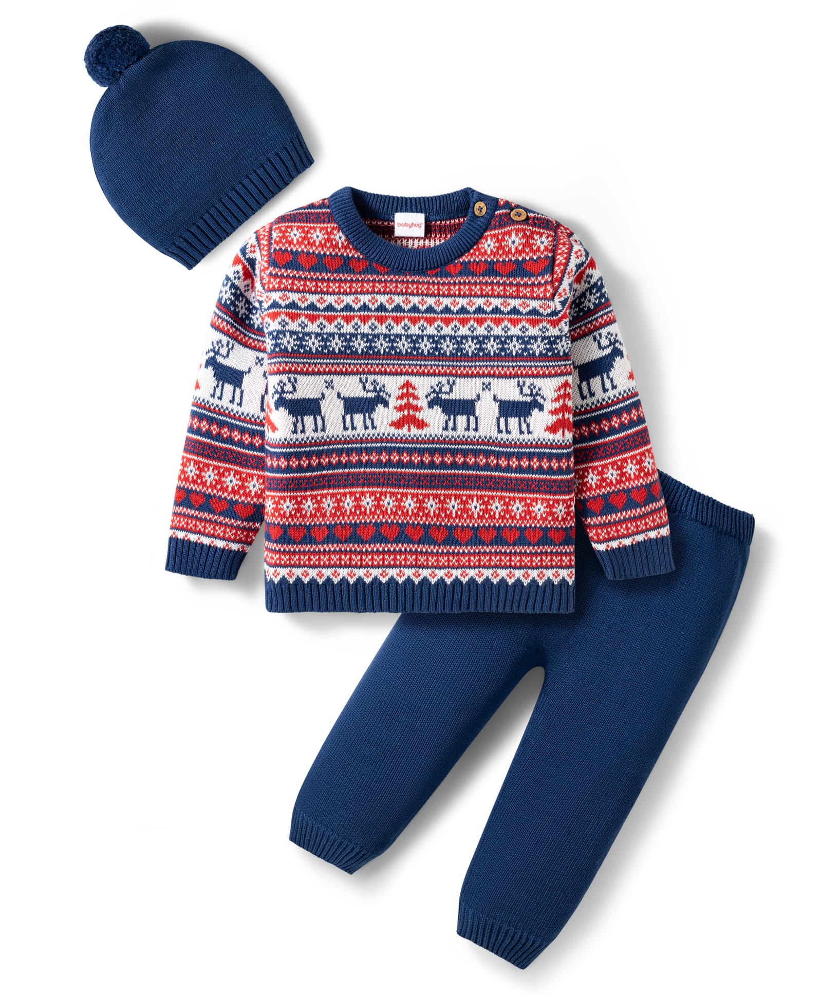 Babyhug Organic Cotton Knit Full Sleeves Sweater Set with Fair Isle Print & Cap - Red & Navy Blue-image-10