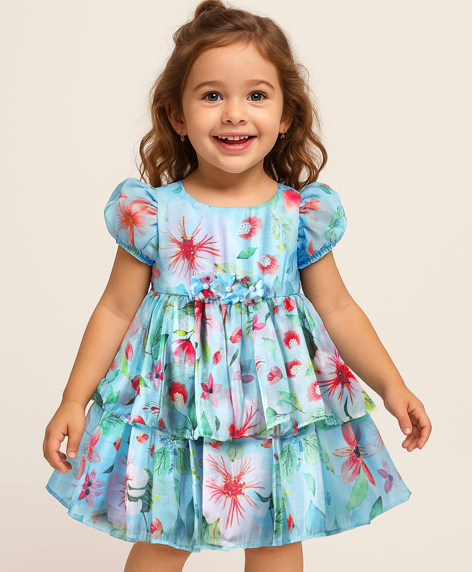 Babyhug Woven Half Sleeves Layered Dress With Floral Corsage & Print - Turquoise-image-13