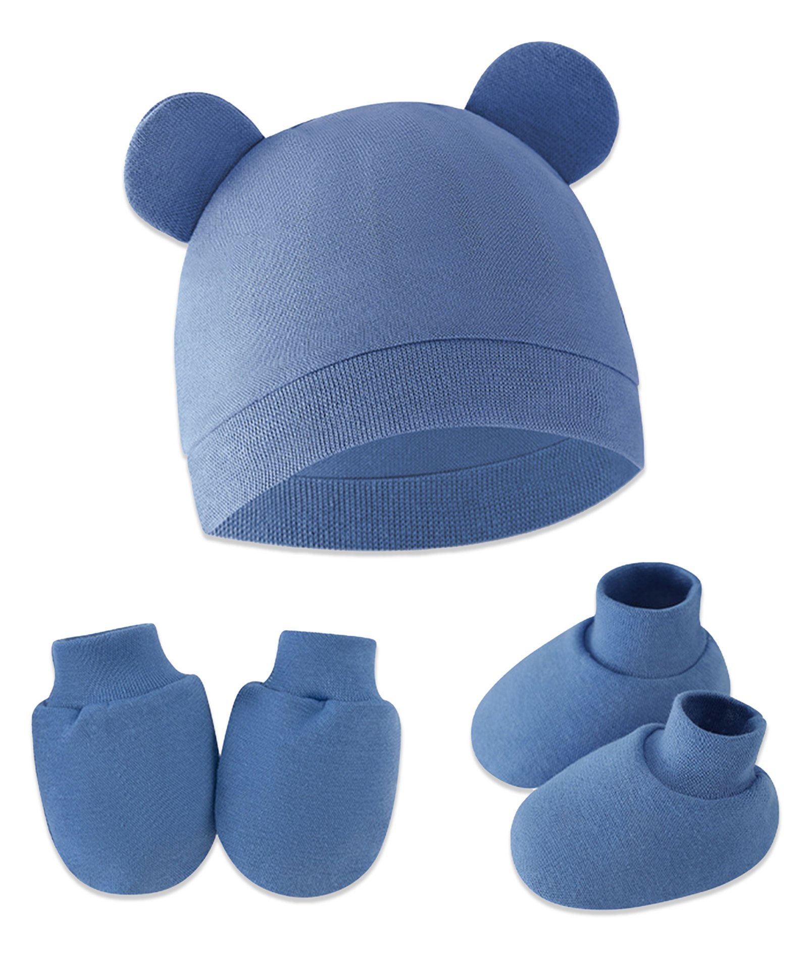 Bembika CottonSolid Cap With Coordinating Pair Of Mittens & Booties Set - Denim Blue-picture-3