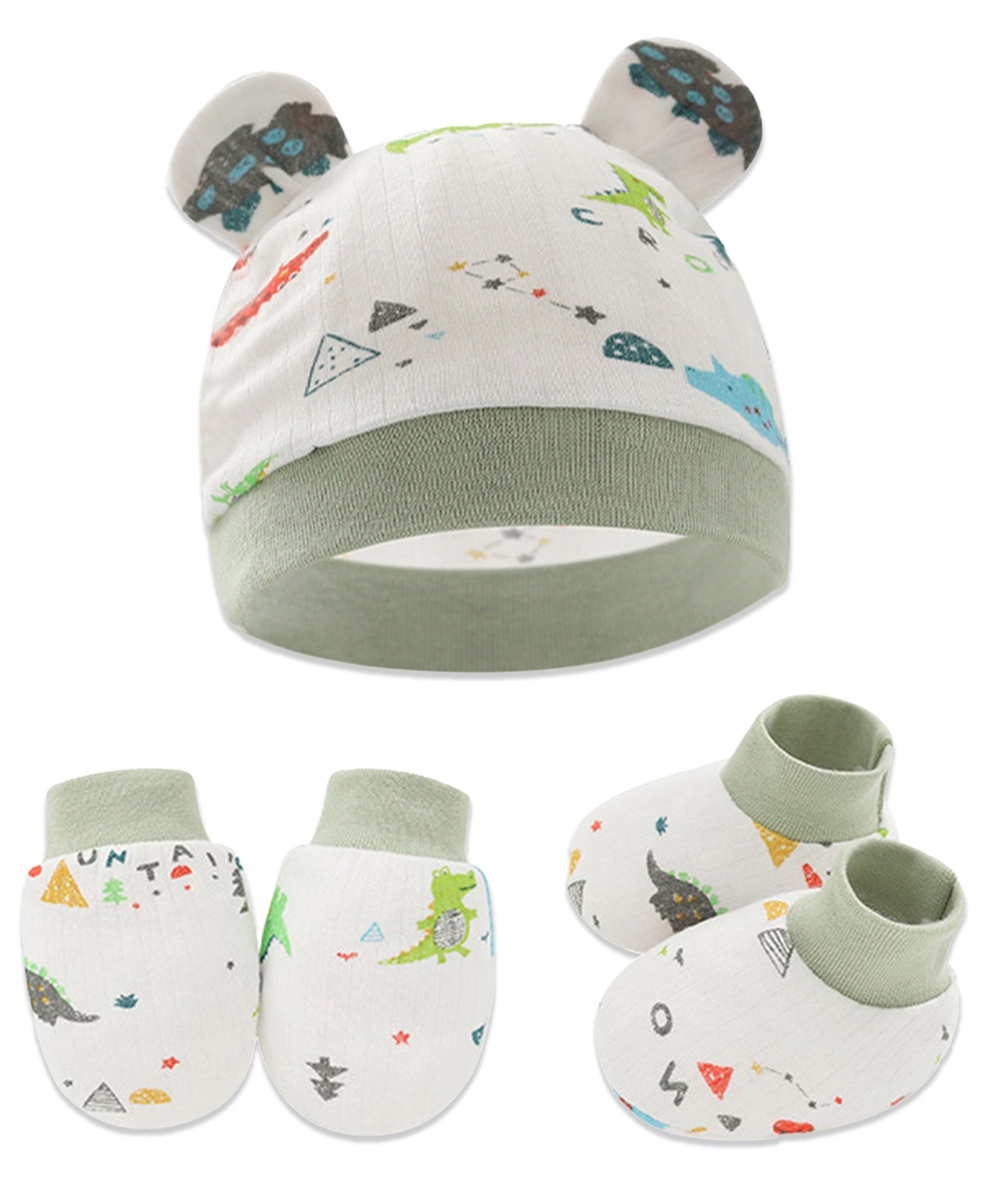 Bembika Cotton Dinosaur Printed Cap Mittens & Booties Set - Green-image-0