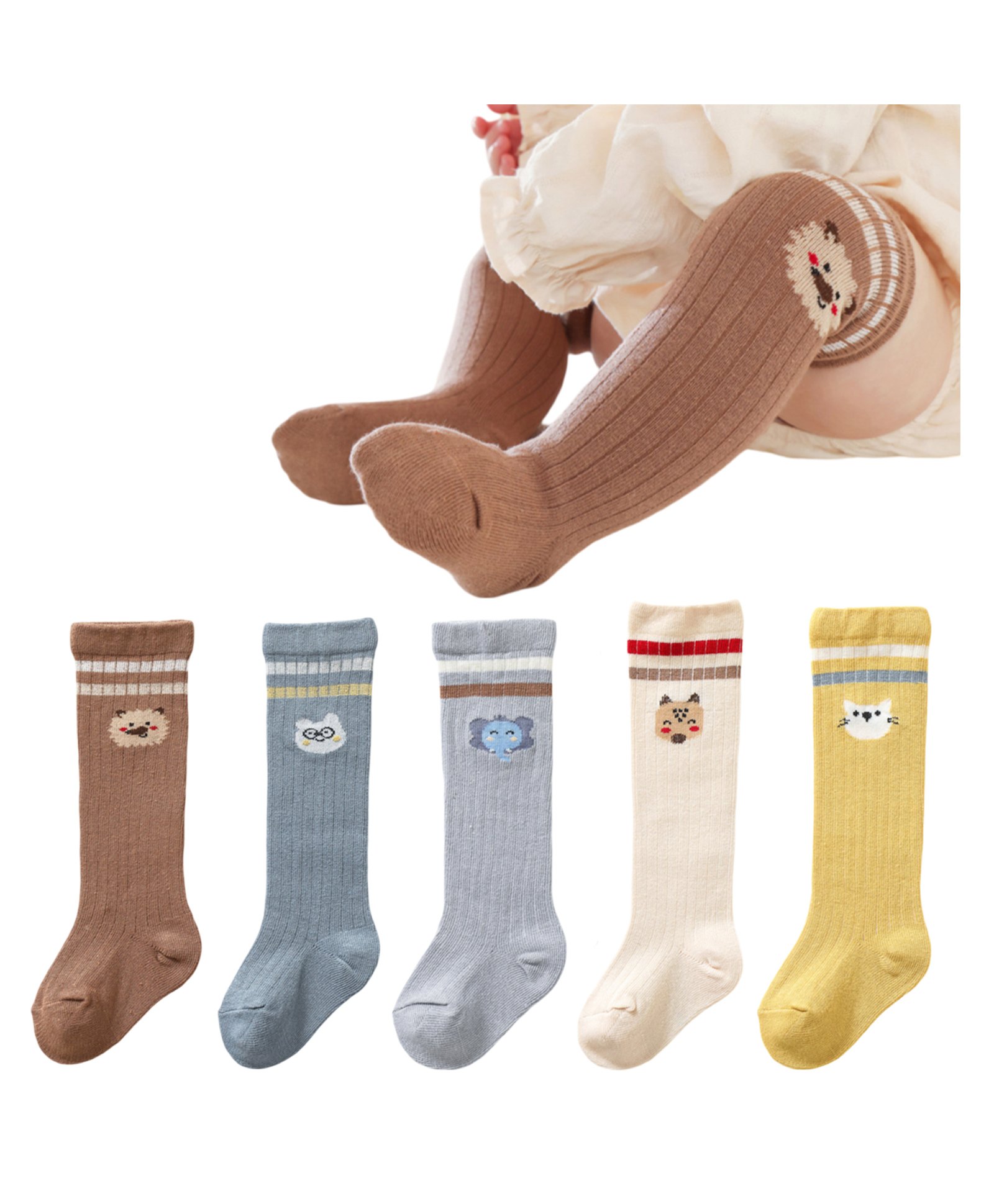 Bembika Soft Stretchy Cotton Pack Of 5 Animals Designed & Striped Socks - Multi Colour-image-25