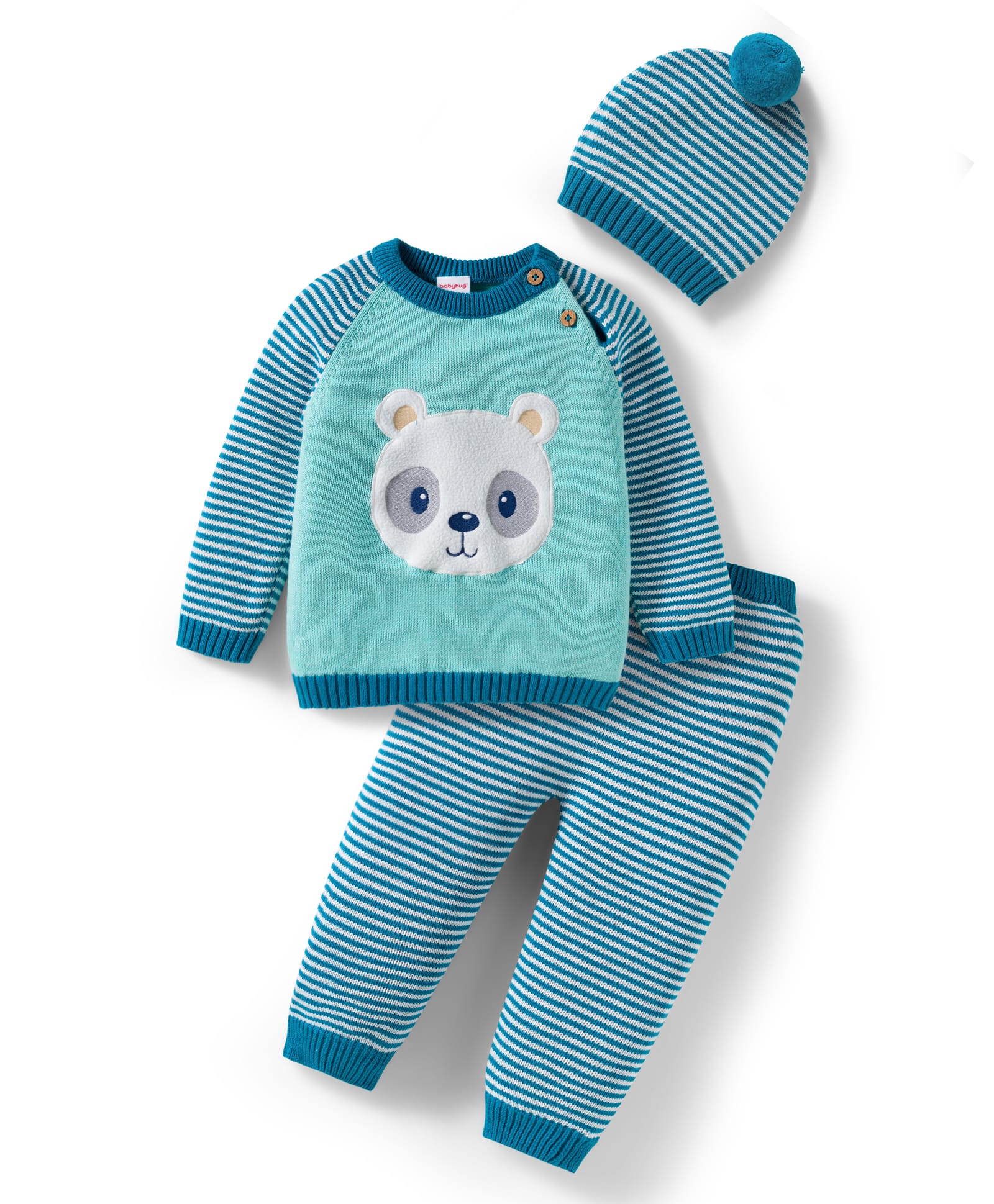 Babyhug Organic Cotton Knit Full Raglan Sleeves Striped Pullover Sweater Set with Cap & Bear Patch Detailing - Teal Blue-image-27