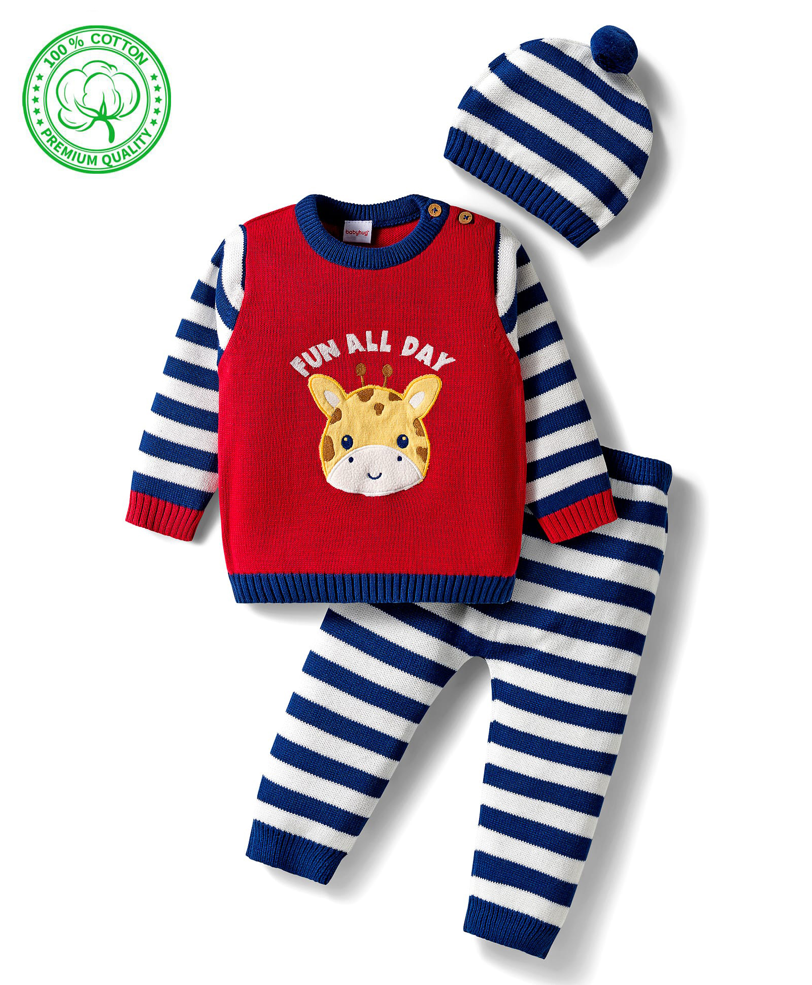 Babyhug Organic Cotton Knit Full Sleeves Pullover Sweater Set With Giraffe Embroidery & Cap - Red & Navy Blue-image-28