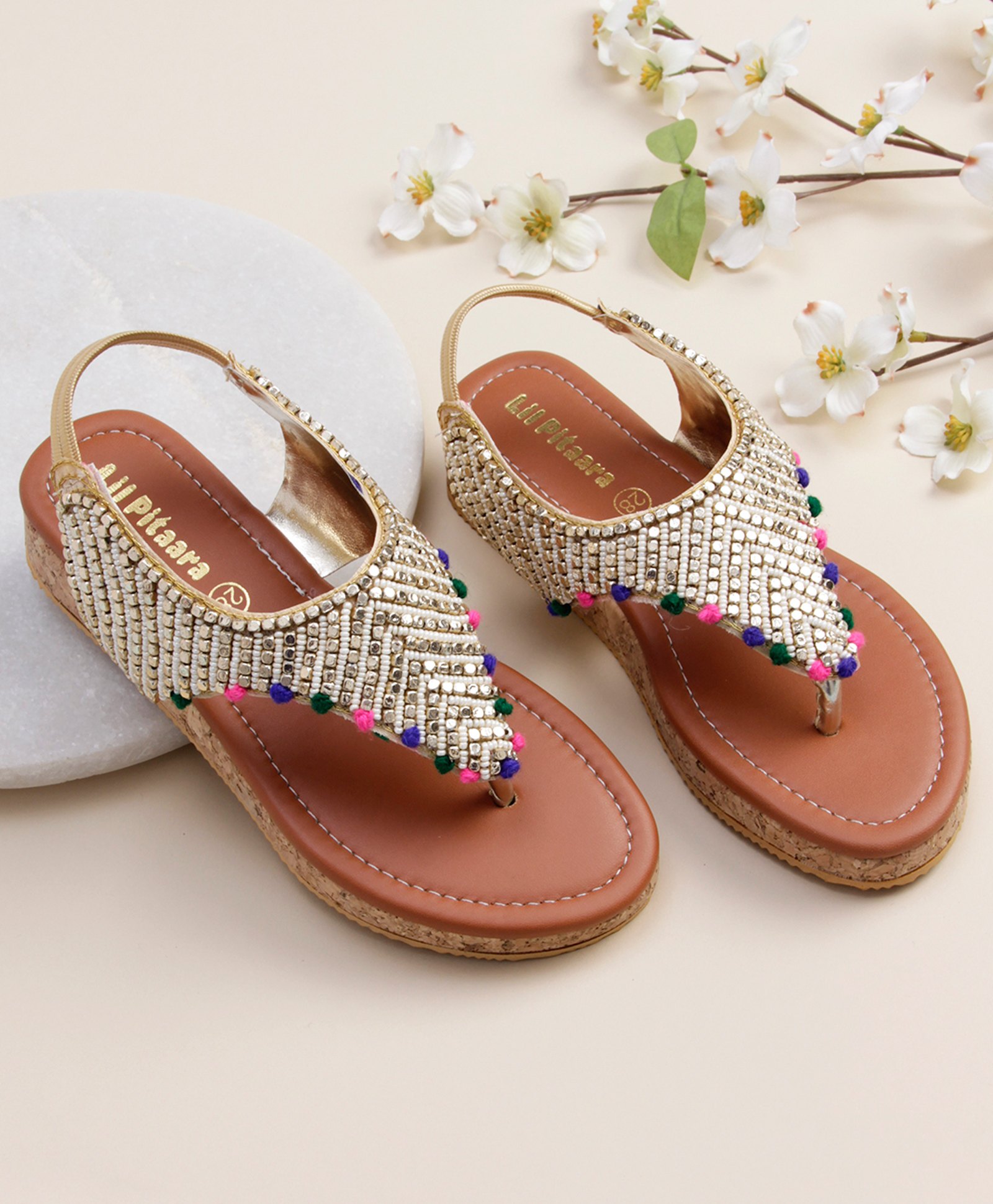 LIL PITAARA Beads & Pom Pom Embellished Glittered Sandals - Tan-picture-23