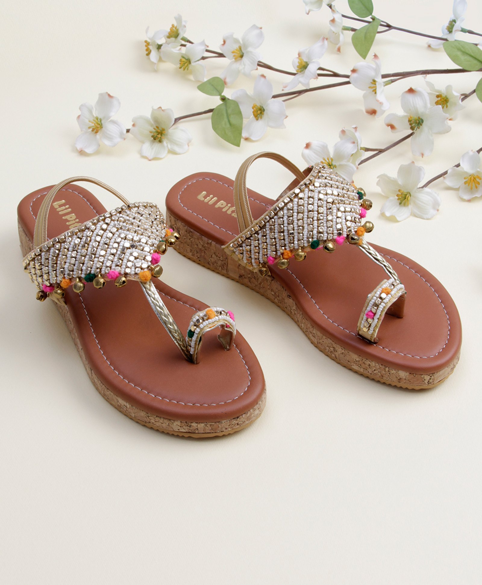 LIL PITAARA Beads & Pom Pom Embellished Glittered Kolhapuri Sandals - Tan-picture-26
