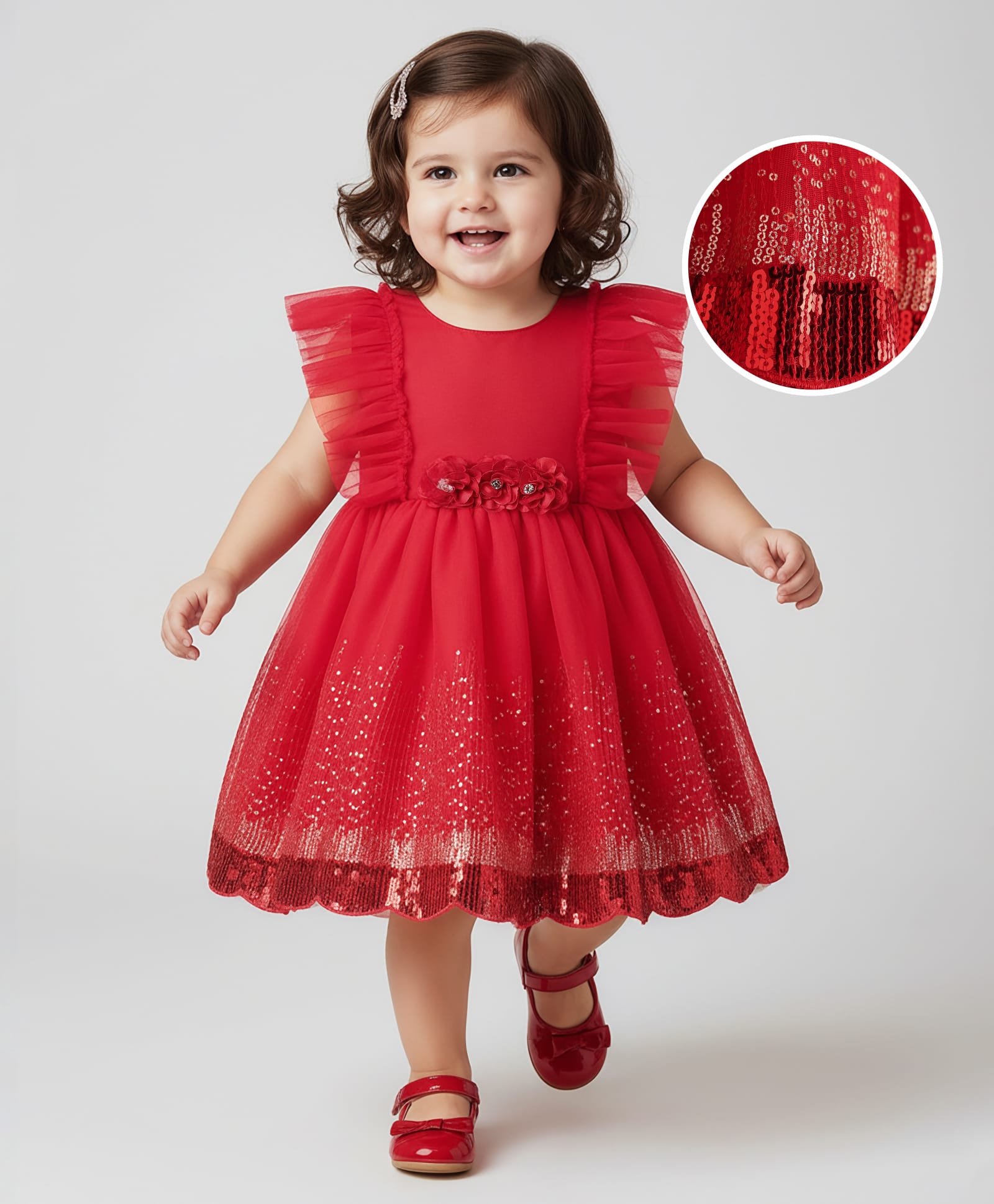 Babyhug Woven Frill Sleeve Fit & Flare Party Dress with Frills Floral Corsage & Sequins - Red-image-18
