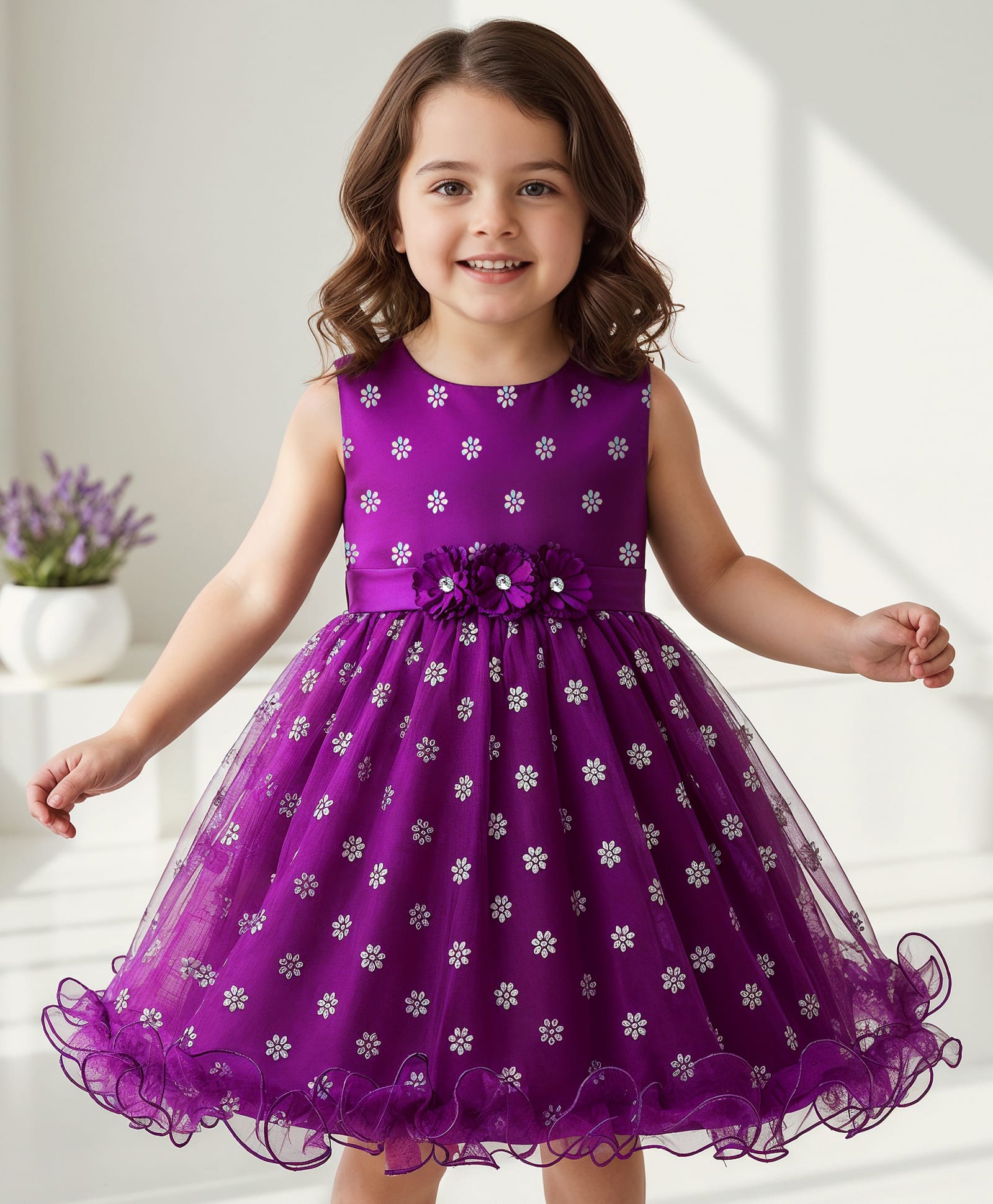 Babyhug Woven Sleeveless Party Dress With Floral Corsage & Foil Print - Purple-picture-21