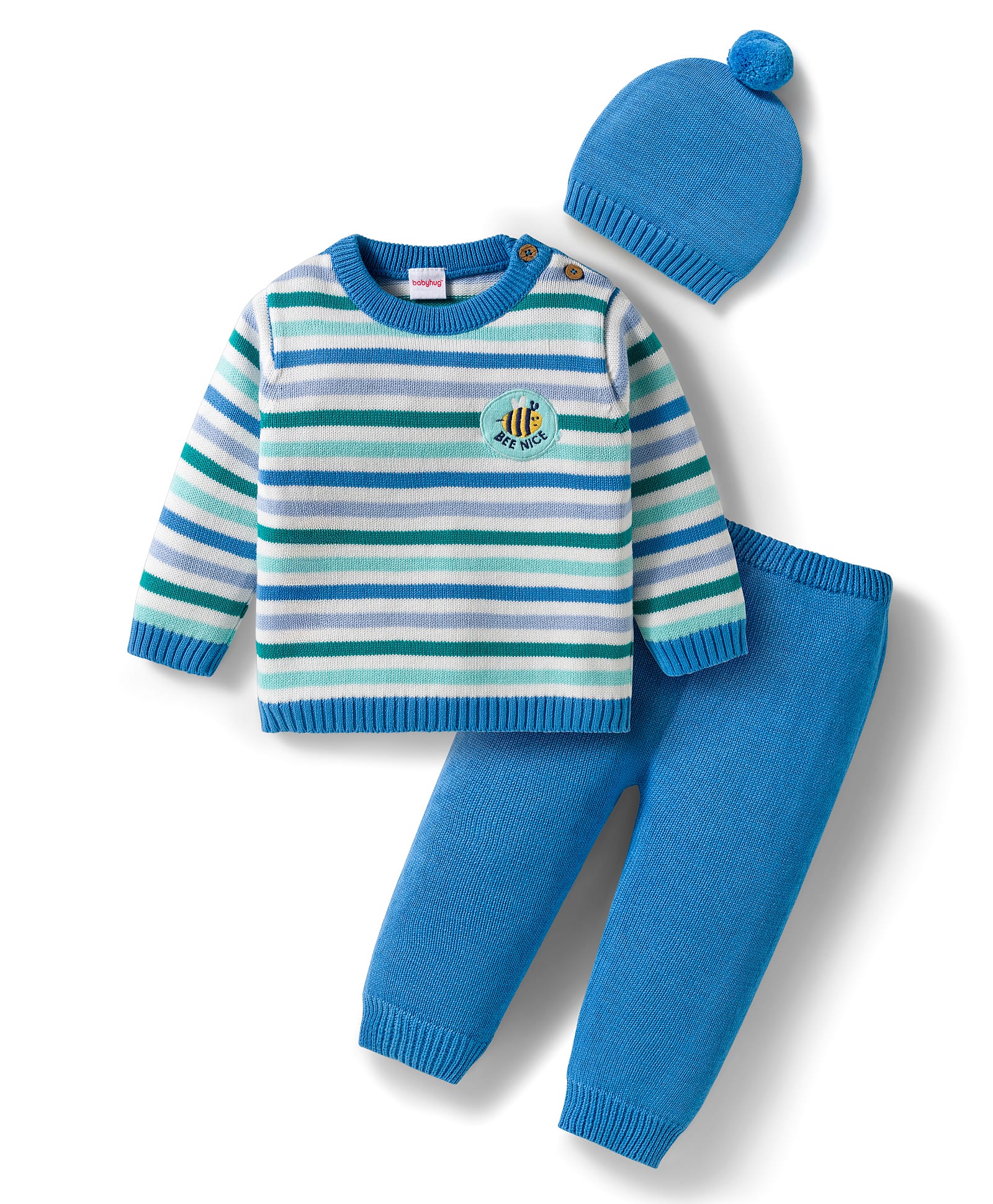 Babyhug Organic Cotton Knit Full Sleeves Sweater Set with Stripes & Bee Nice Patch & Cap - Blue-picture-15