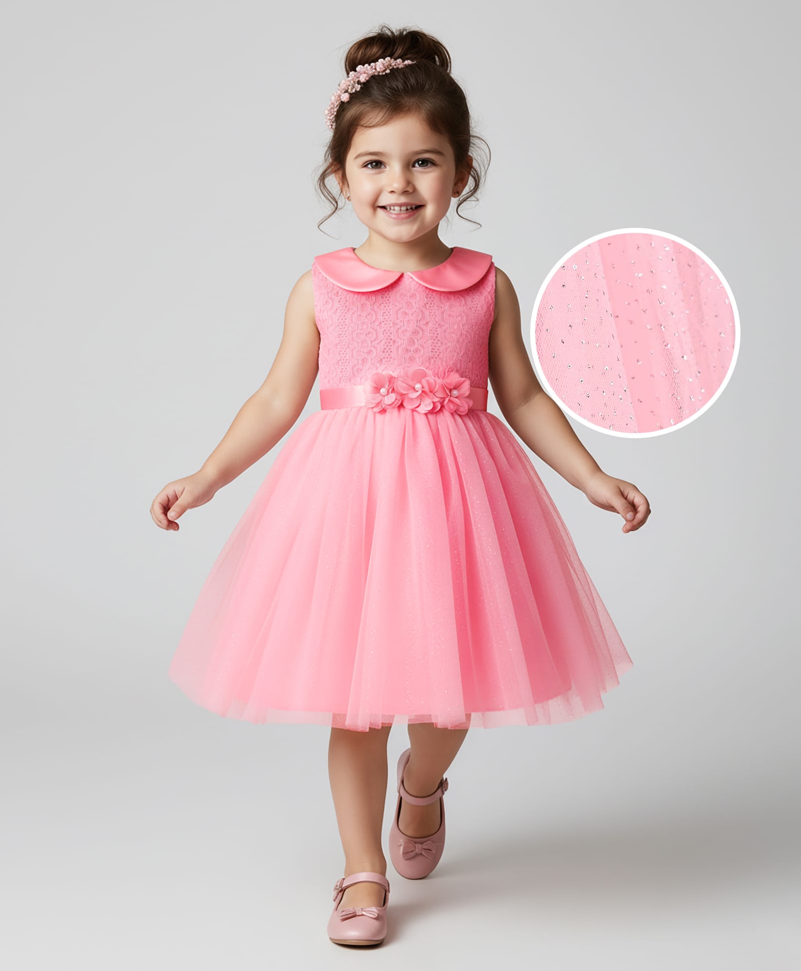 Babyhug Woven Sleeveless Peter Pan Collar Party Dress With Floral Applique - Pink-image-22