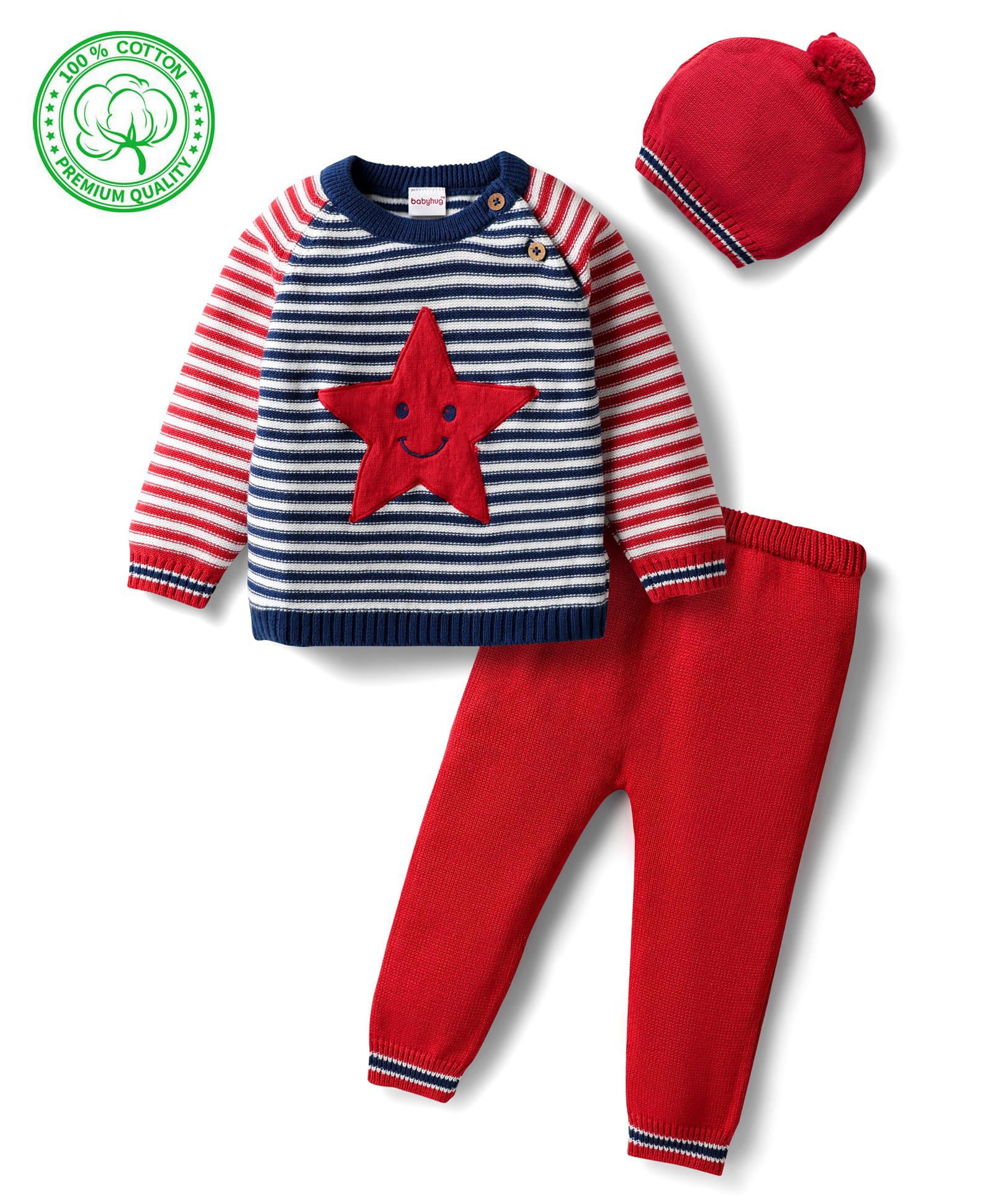 Babyhug Organic Cotton Knit Full Raglan Sleeves Striped Pullover Sweater Set with Cap & Star Patch Detailing - Red-picture-15