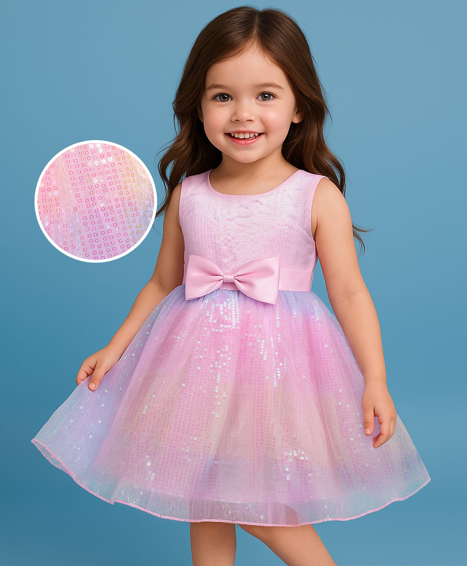 Babyhug Woven Sleeveless Mesh Party Dress with Sequin Detailing & Bow Applique - Pink-image-29