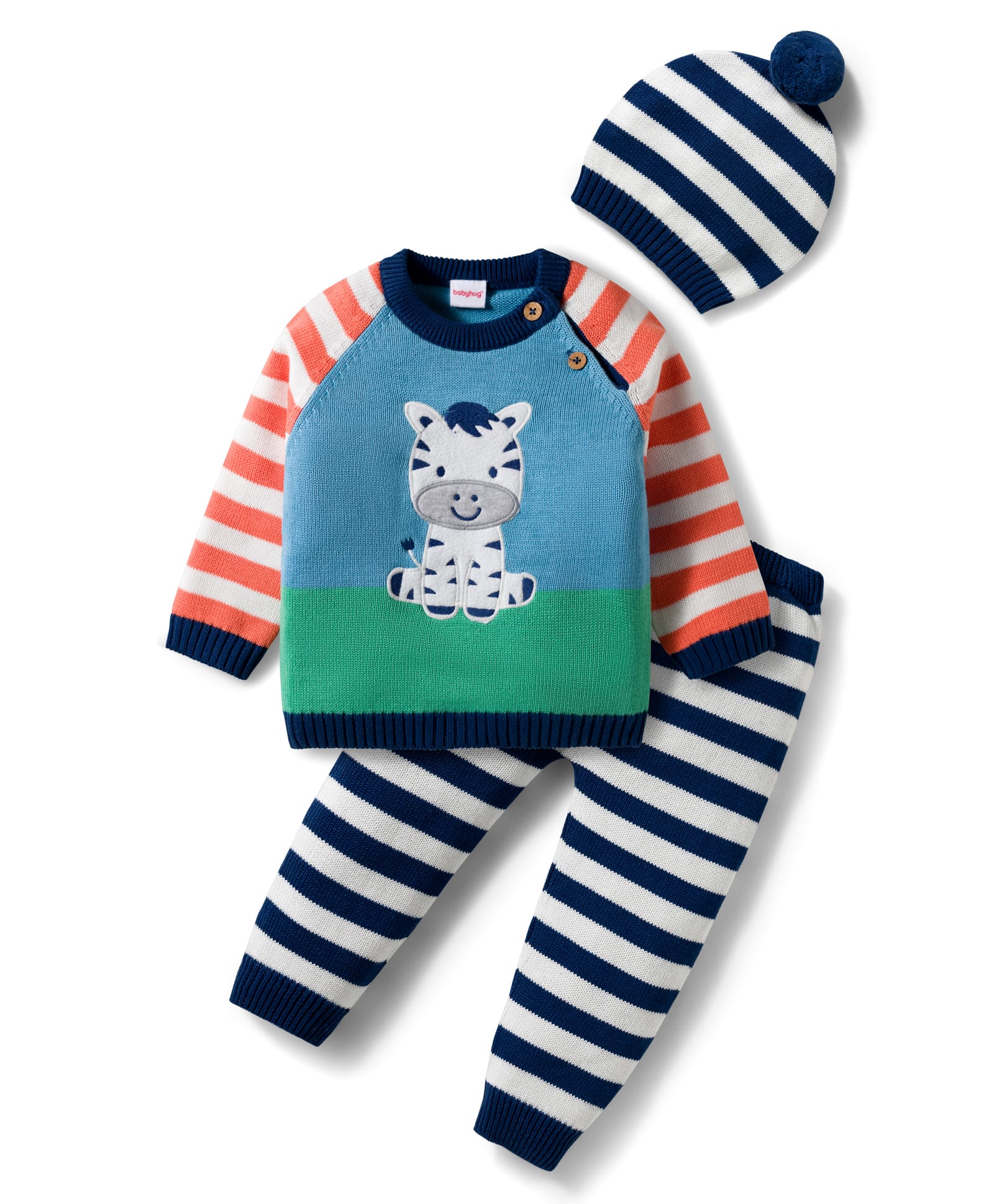Babyhug Organic Cotton Knitted Full Raglan Sleeves Striped Sweater Set With Zebra Embroidery & Cap - Multicolor-picture-12