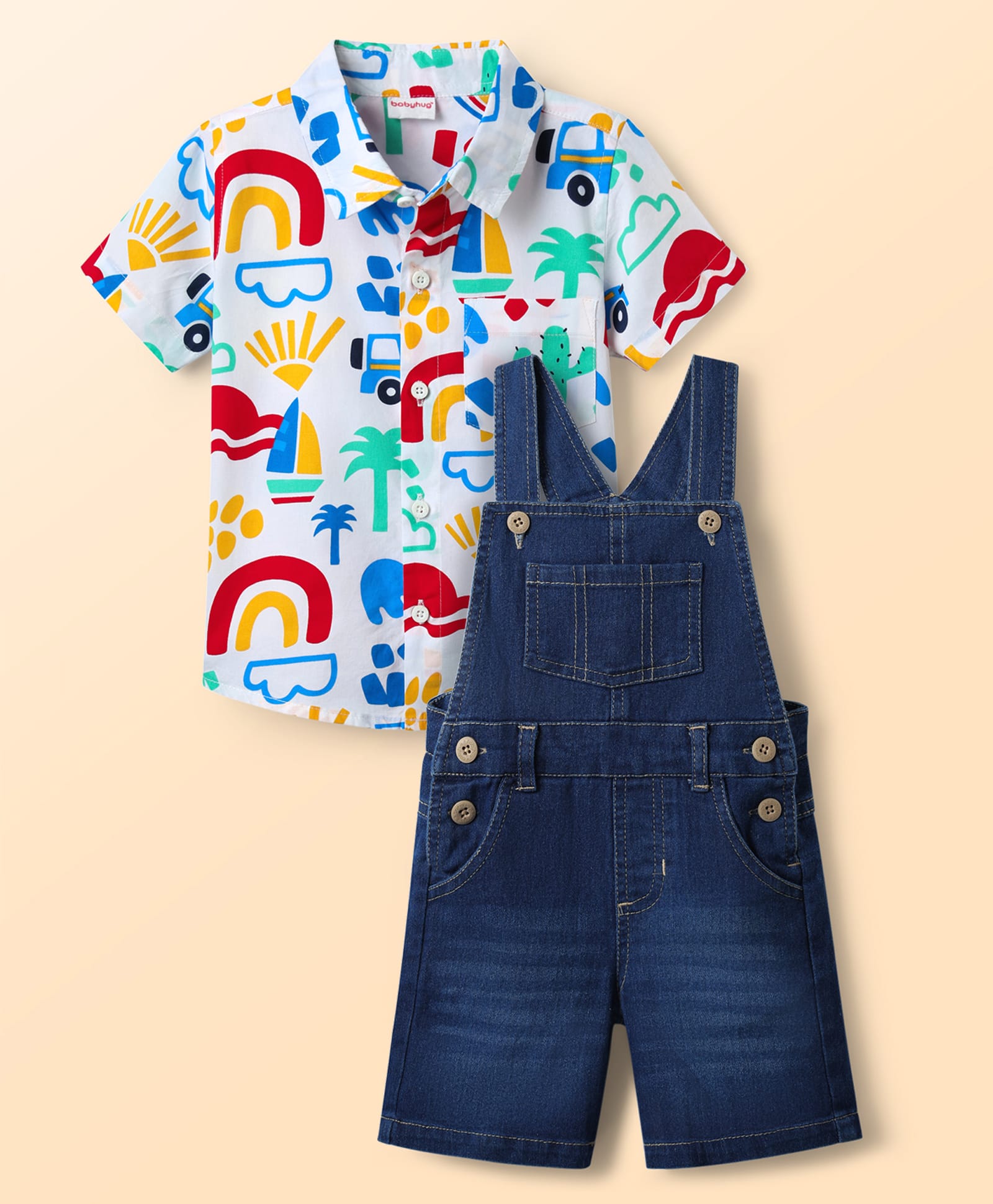 Babyhug Poplin Woven Knee Length Dungaree & Half Sleeves Shirt Set with Nautical Theme Print - White & Navy Blue-image-35