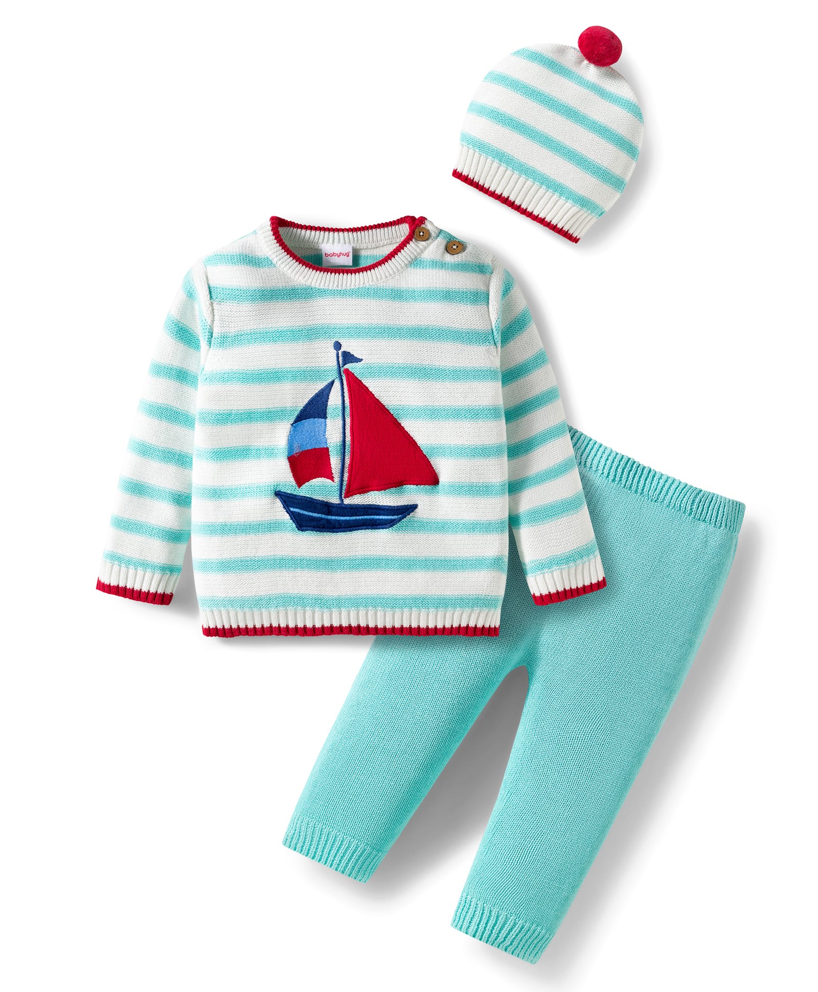 Babyhug Organic Cotton Knit Full Sleeves Sweater Set with Stripes & Yatch Design & Cap - Light Blue-picture-16