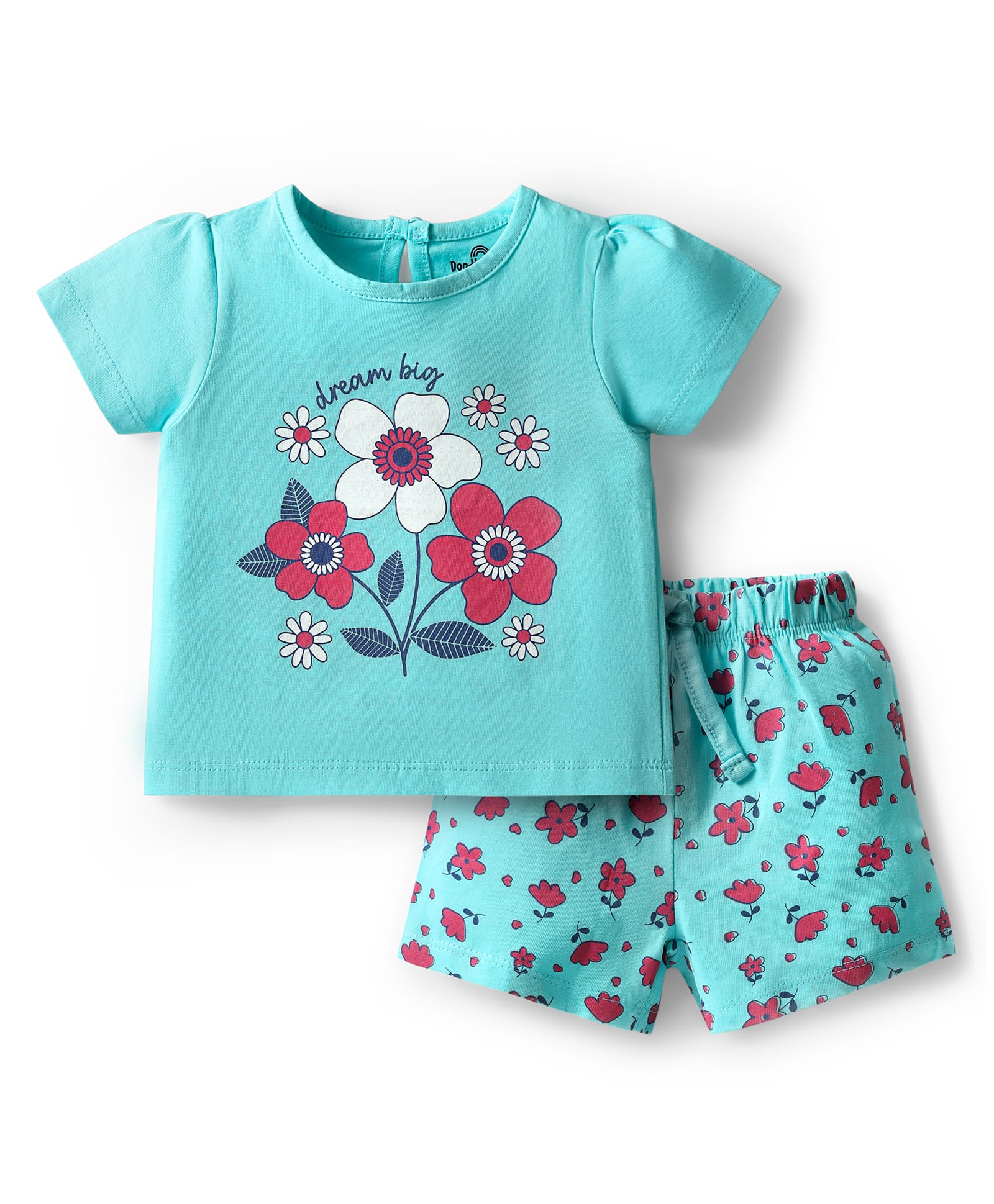 Doodle Poodle 100% Cotton Knit Half Sleeves Floral Printed Shorts Night Suit - Aqua Blue-image-31