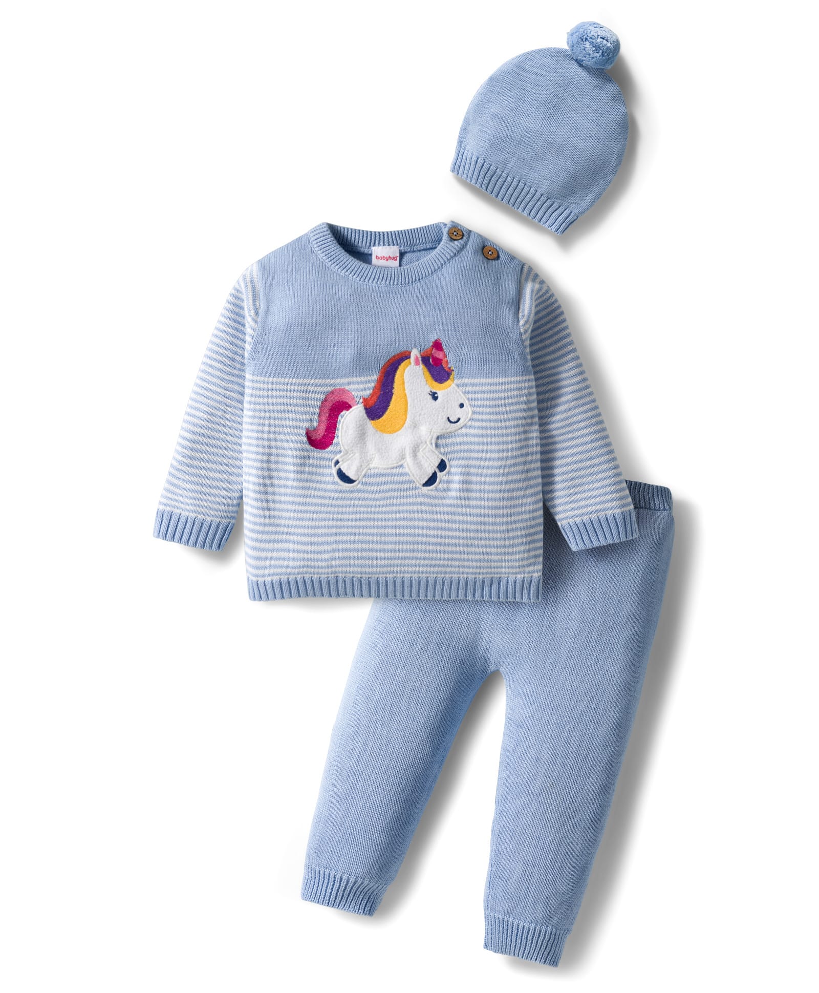 Babyhug Organic Cotton Knit Full Sleeves Striped Pullover Sweater Set with Cap & Unicorn Patch Detailing - Light Blue-picture-13