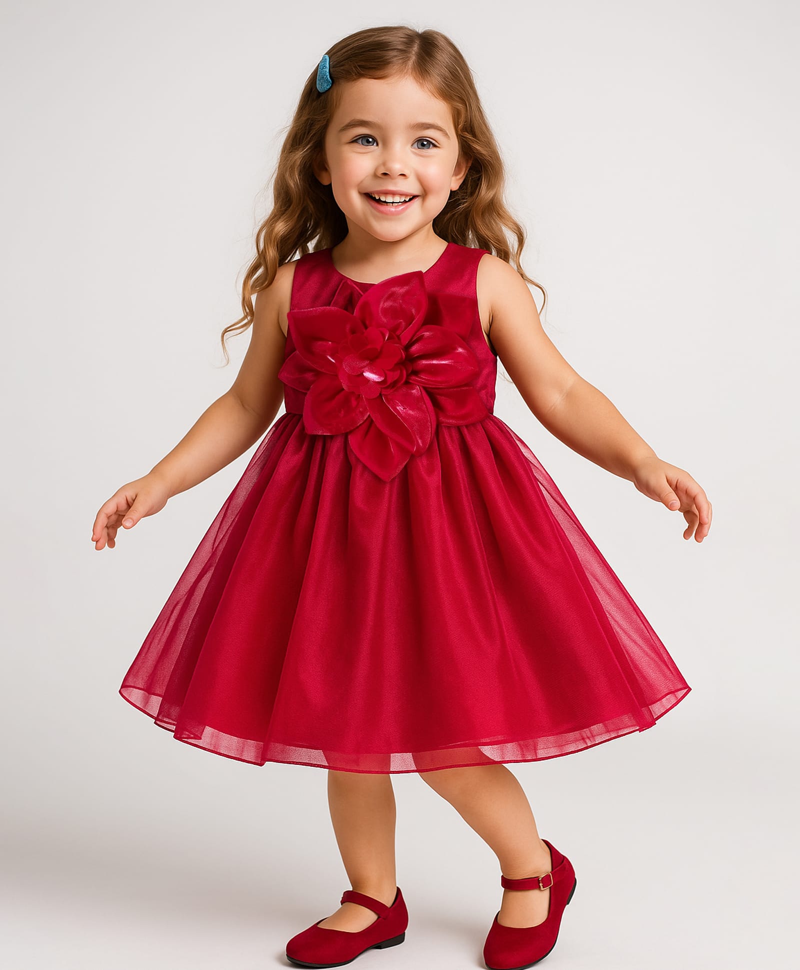 Babyhug Woven Sleeveless Solid Color Party Dress with Floral Applique - Red-image-49