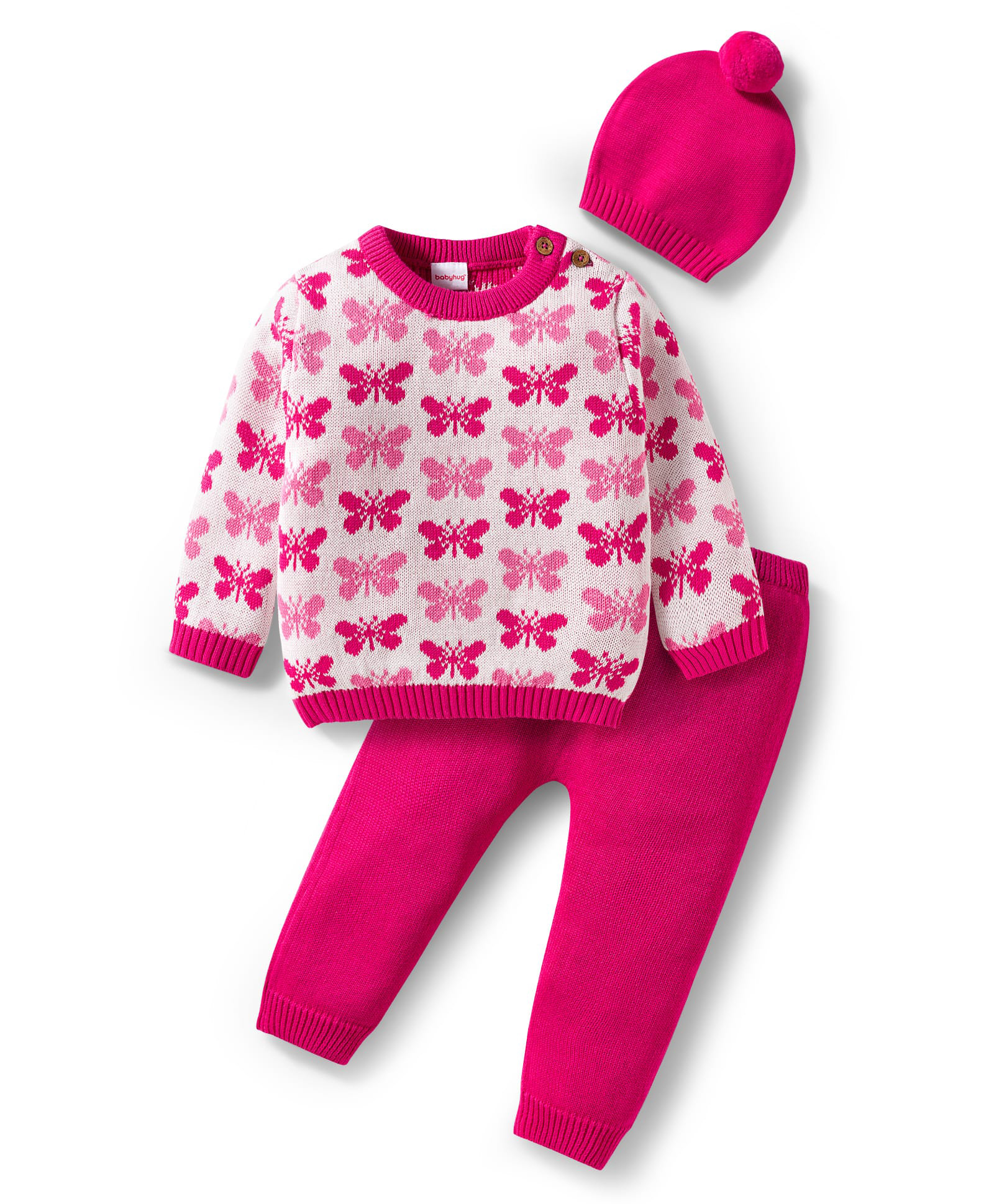 Babyhug Organic Cotton Knitted Full Sleeves Sweater Set With Butterfly Design & Cap - Dark Pink & White-image-43