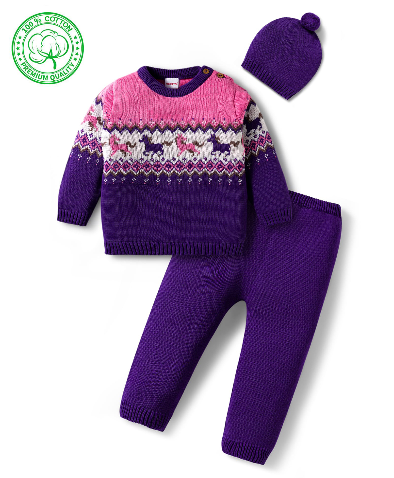 Babyhug Organic Cotton Knitted Full Sleeves Pullover Sweater Set With Horse Design & Cap - Purple & Pink-image-17