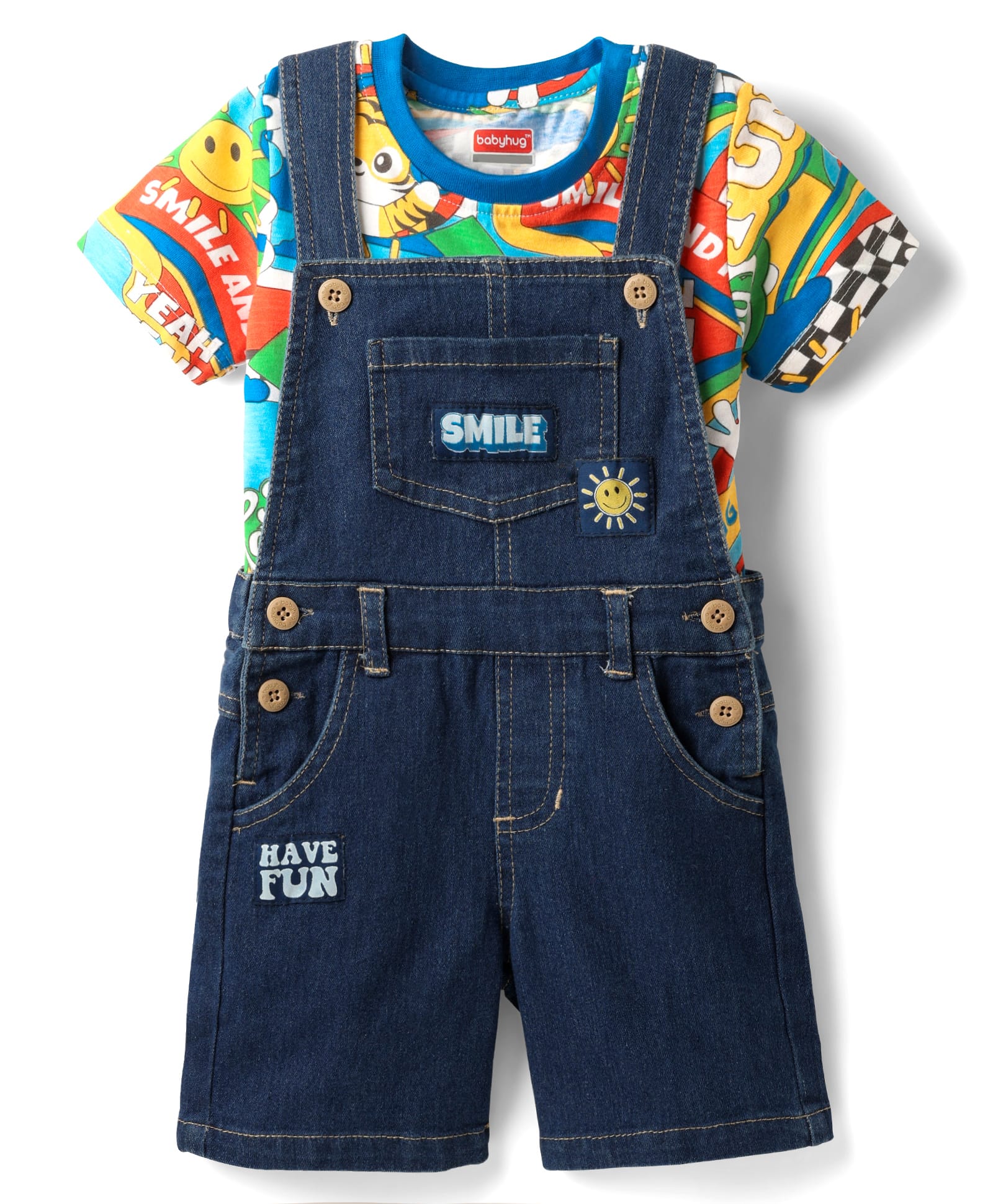 Babyhug Single Jersey Knit Dunagaree & Half Sleeves T-Shirt Set With Animal Print - Navy Blue