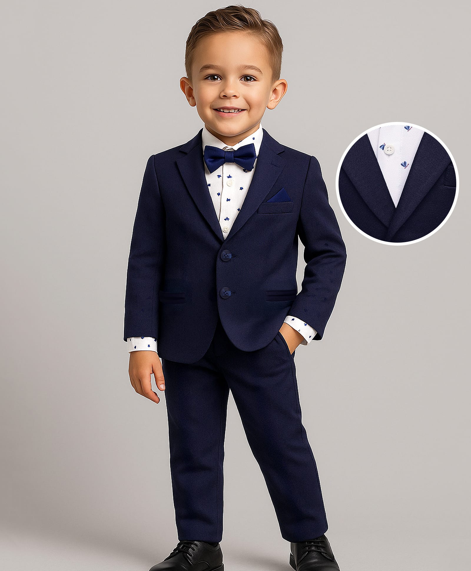 Babyhug Woven Full Sleeves Printed 3 Piece Party Suit With Bow - Navy Blue-image-36