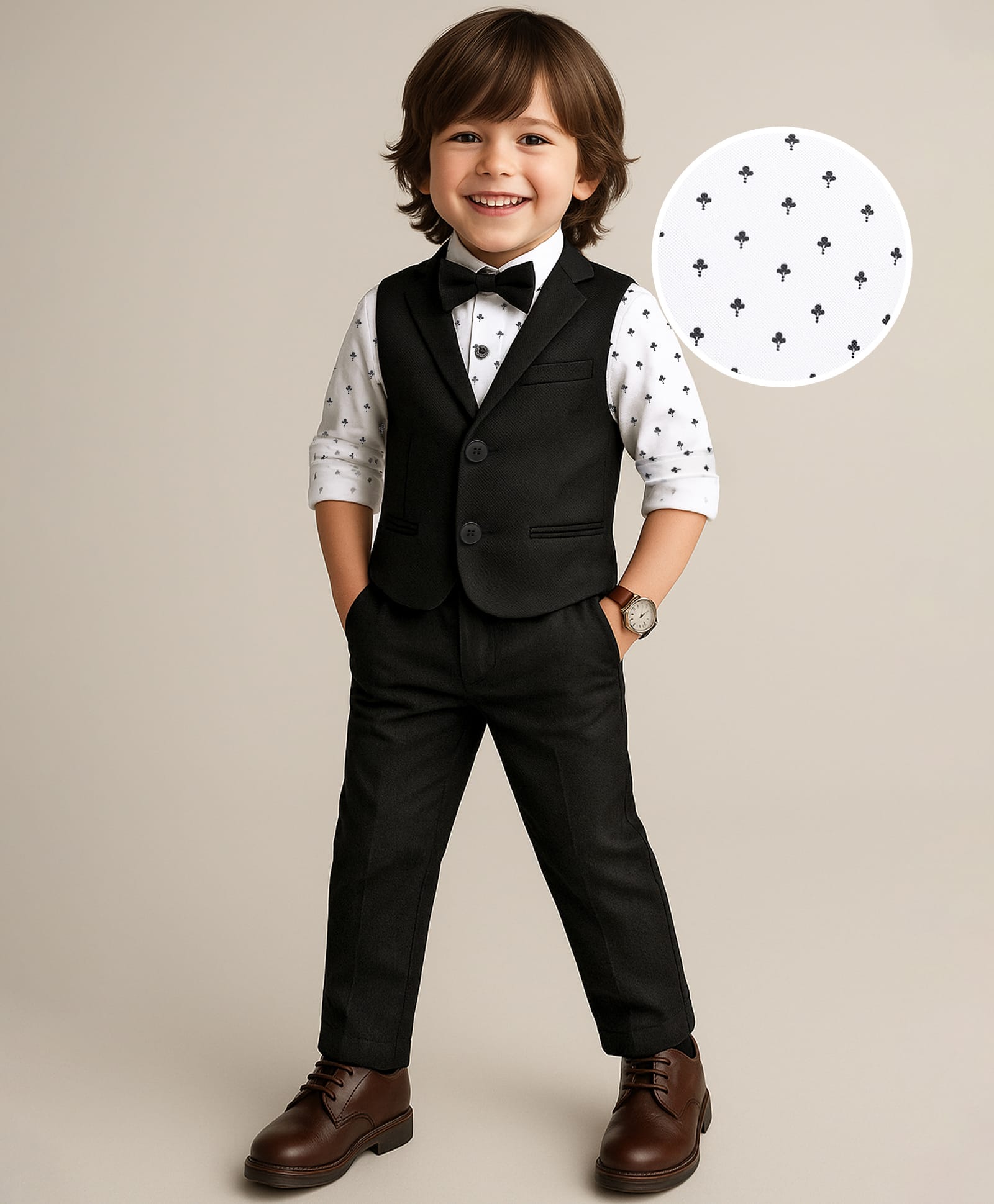 Babyhug Woven Full Sleeves Printed 3 Piece Party Suit With Bow - Black & White-picture-25