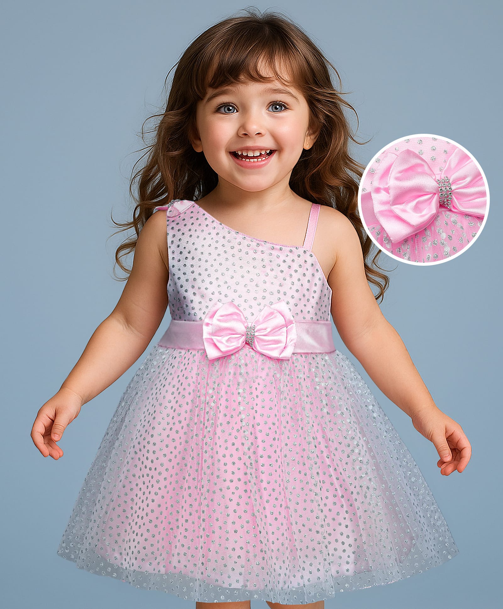 Babyhug Woven Sleeveless Mesh Party Dress With Foil Print & Bow Applique - Pink-image-21