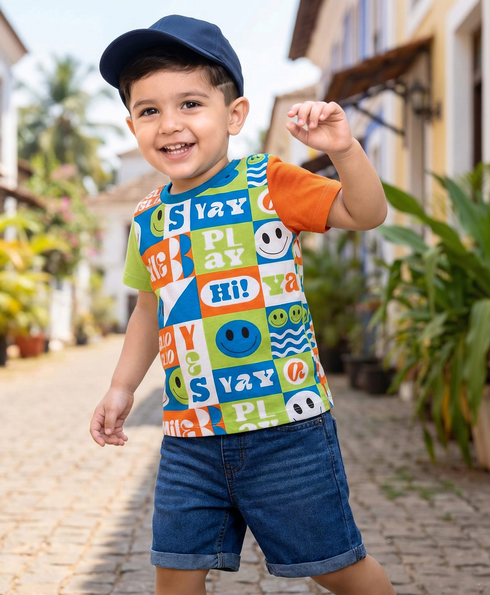 Babyhug Single Jersey Knit Half Sleeves T-Shirt & Denim Shorts Set with Smiley Print - Navy Blue-picture-25