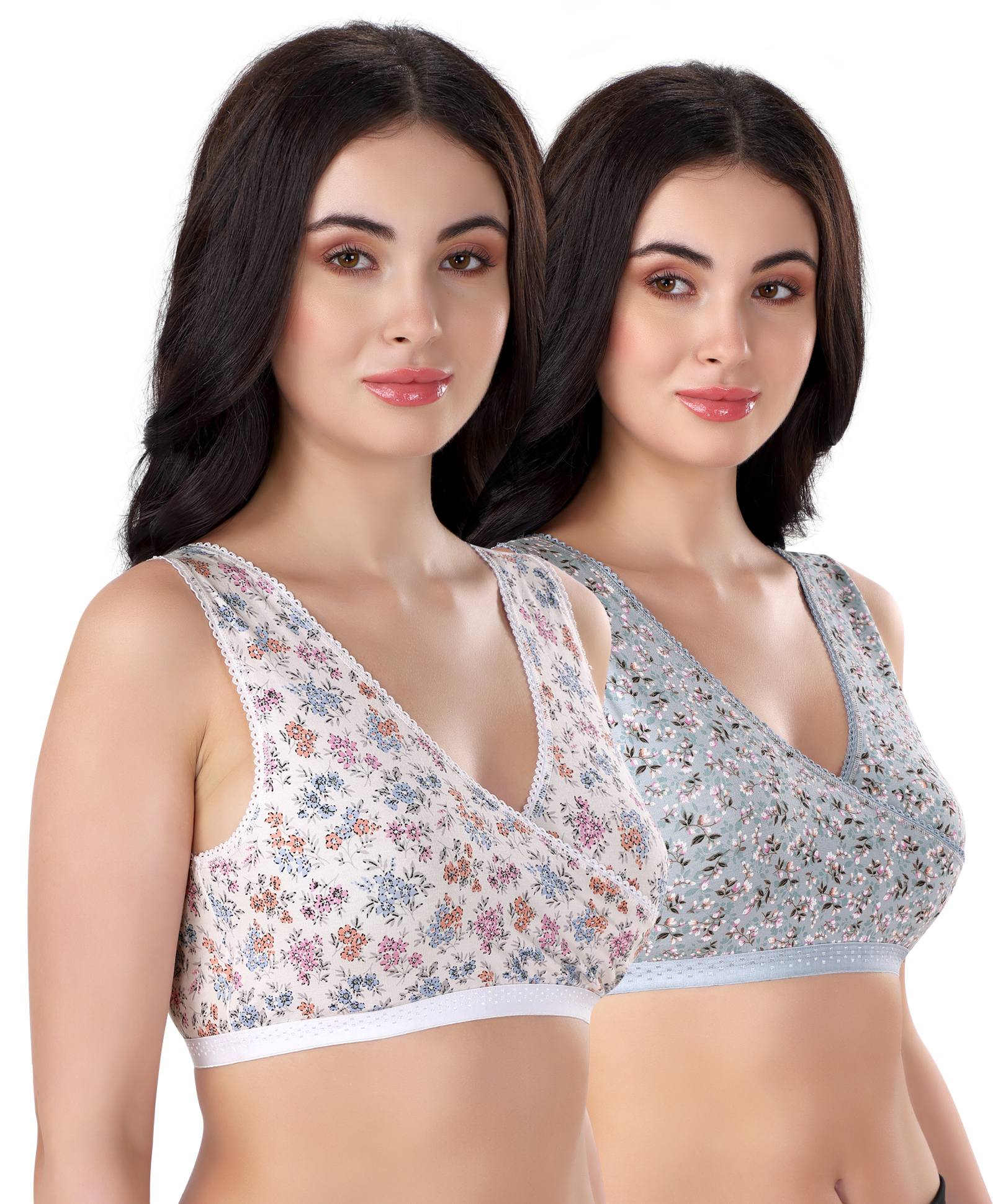 Bella Mama Cotton Elastane Knit Sleep Bra With Floral Print Pack of 2 (Color May Vary)