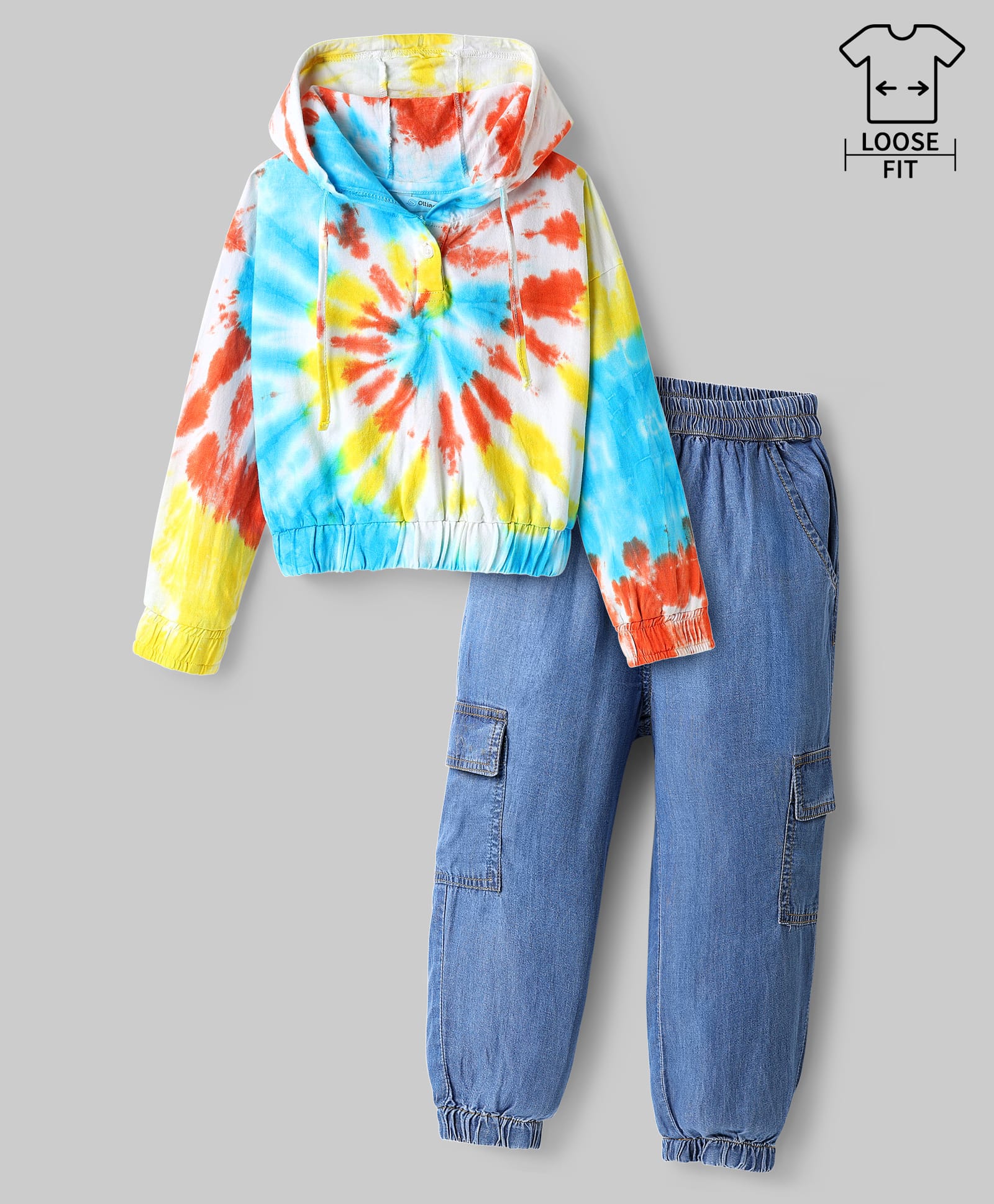 Ollington St. 100% Cotton Tie & Dyed Full Sleeves Hoodie & Denim Joggers Set - Multicolor-picture-16
