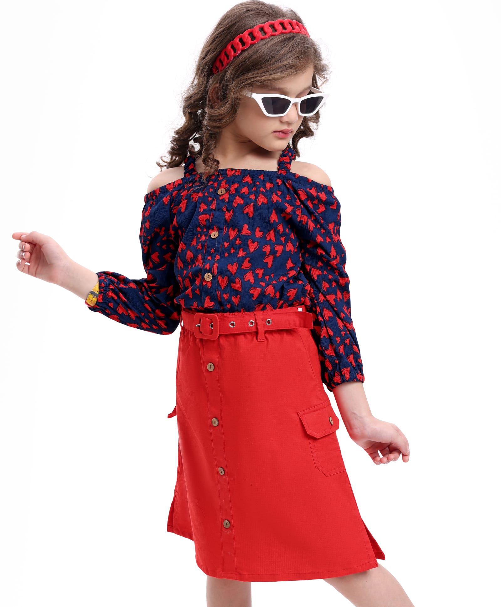 Ollington St. Woven Full sleeves Heart Printed Top & Cotton Lycra Skirt Set - Navy Blue & Red-image-5