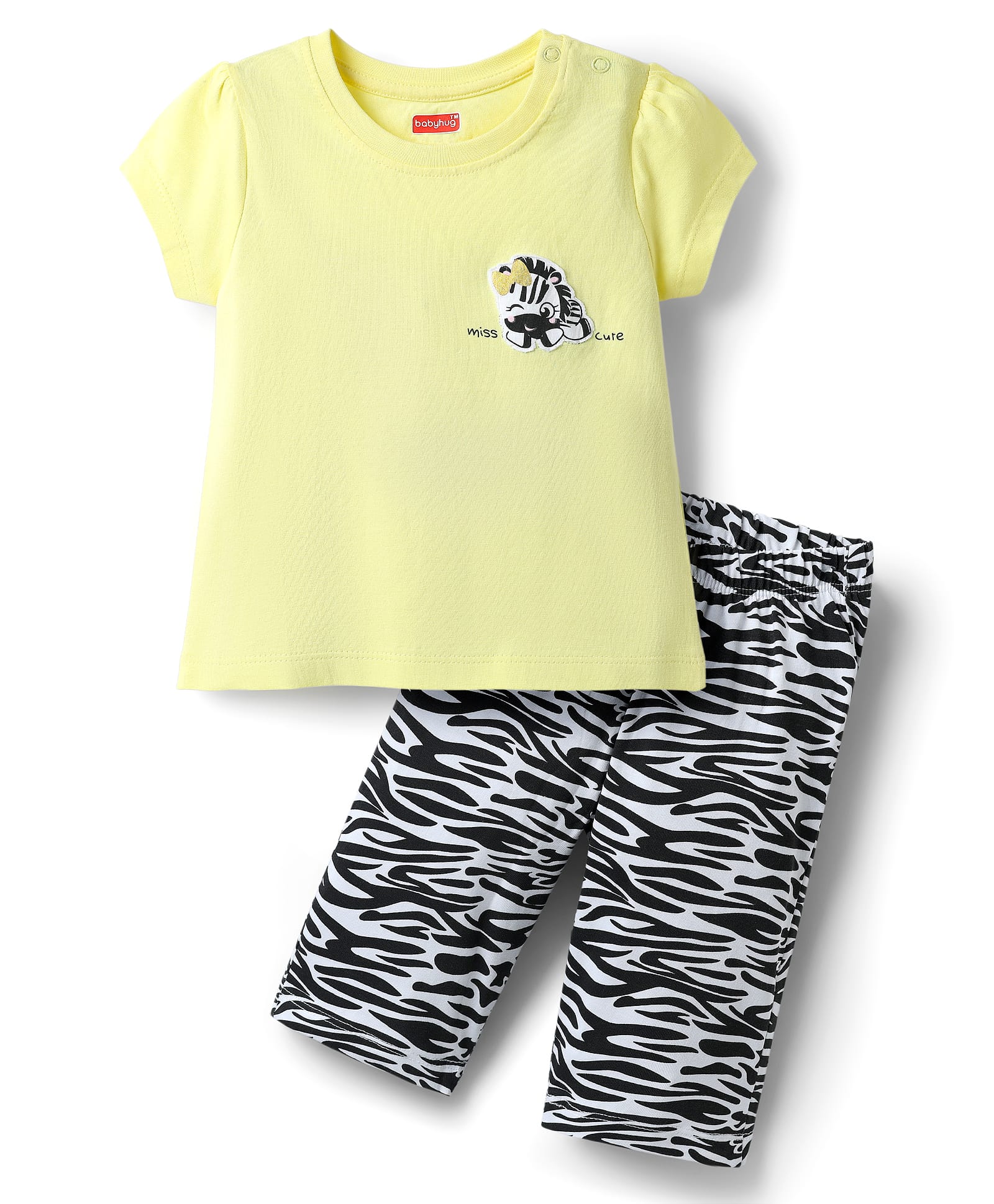 Babyhug Cotton Knit Half Sleeves Capri Night Suit With Zebra Print - Light Yellow & Black-image-7