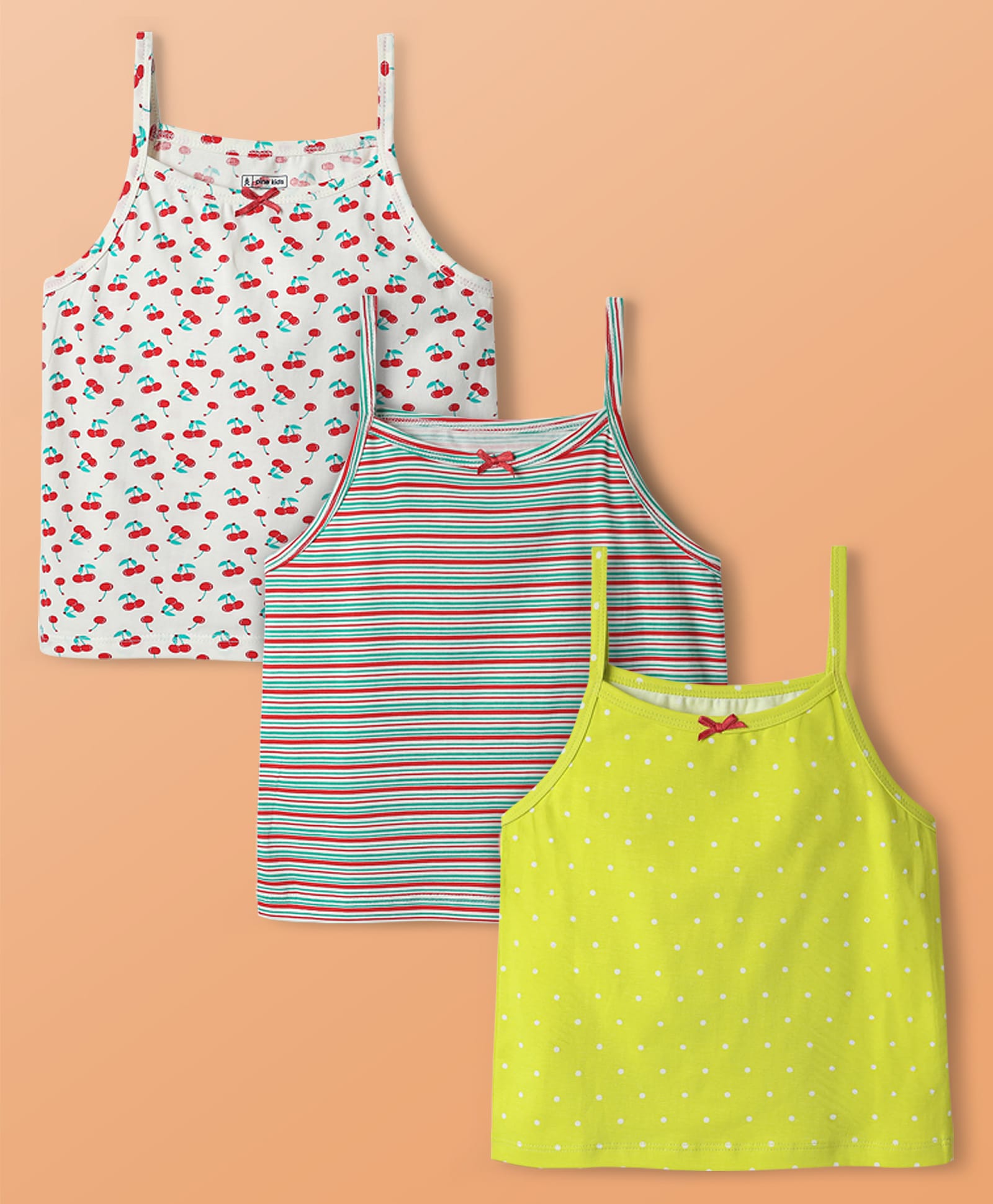 Pine Kids Cotton Elastane Knit Sleeveless Slip With Stripes & Polka Dots Pack Of 3 - Yellow White & Green-image-26