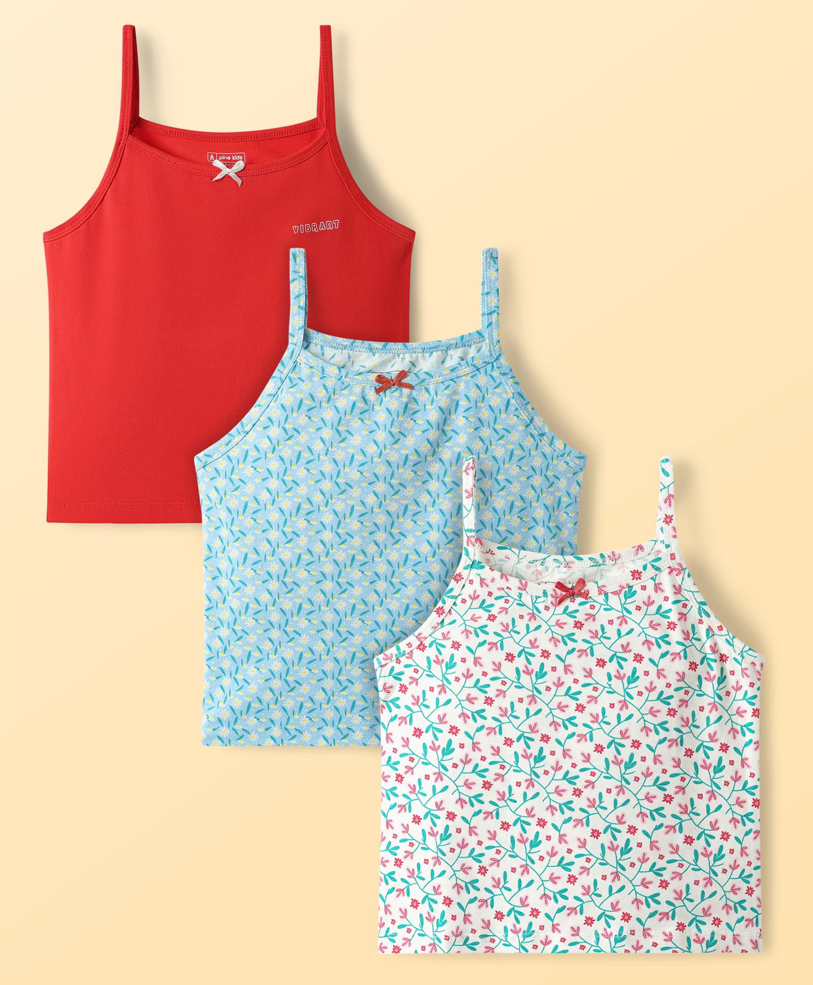 Pine Kids Cotton Elastane Knit Sleeveless Slip with Floral Design Pack of 3 - Red Light Blue & Pink-picture-16