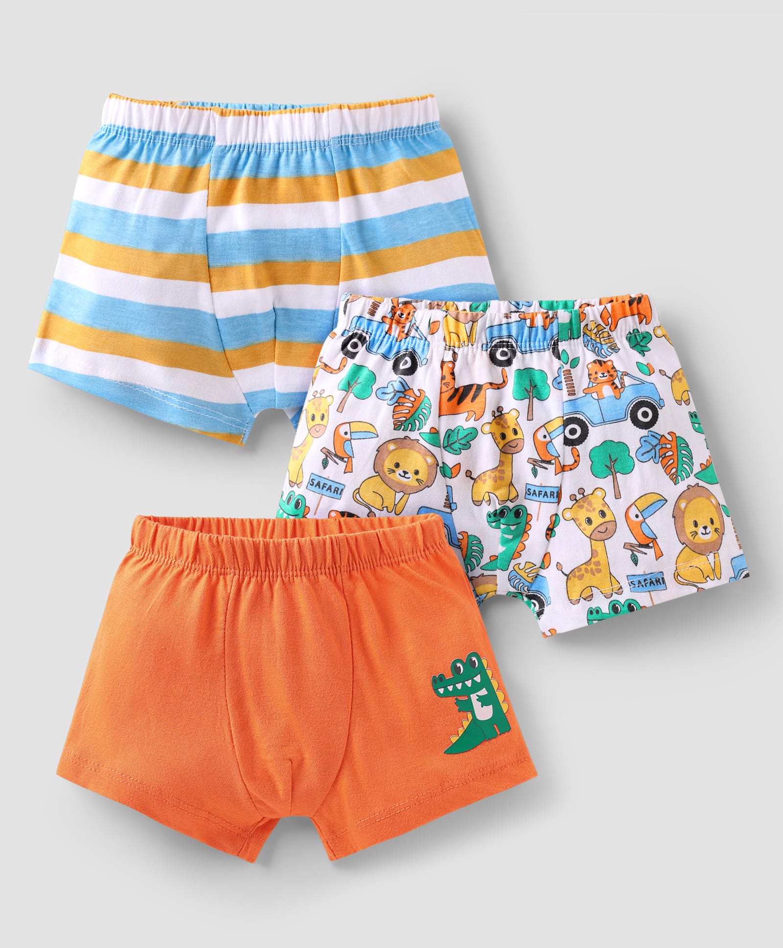Babyhug 100% Cotton Single jersey Knit Antibacterial Trunk with Animal & Stripe Print Pack of 3 - Orange White & Light Blue-image-47