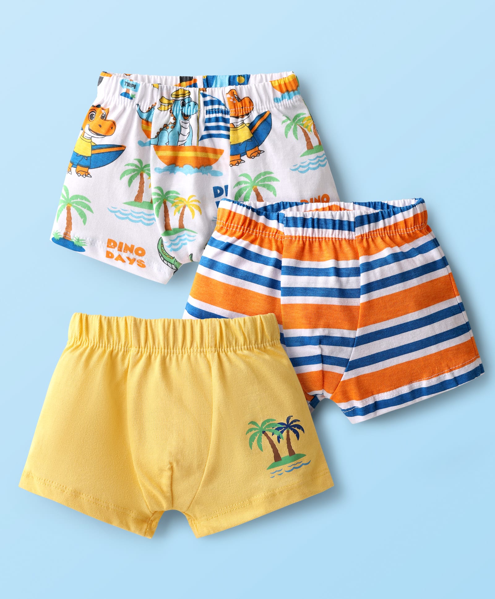 Babyhug 100% Cotton Knit Antibacterial Striped & Dino Printed Trunks Pack of 3 - Yellow Orange & White-image-11