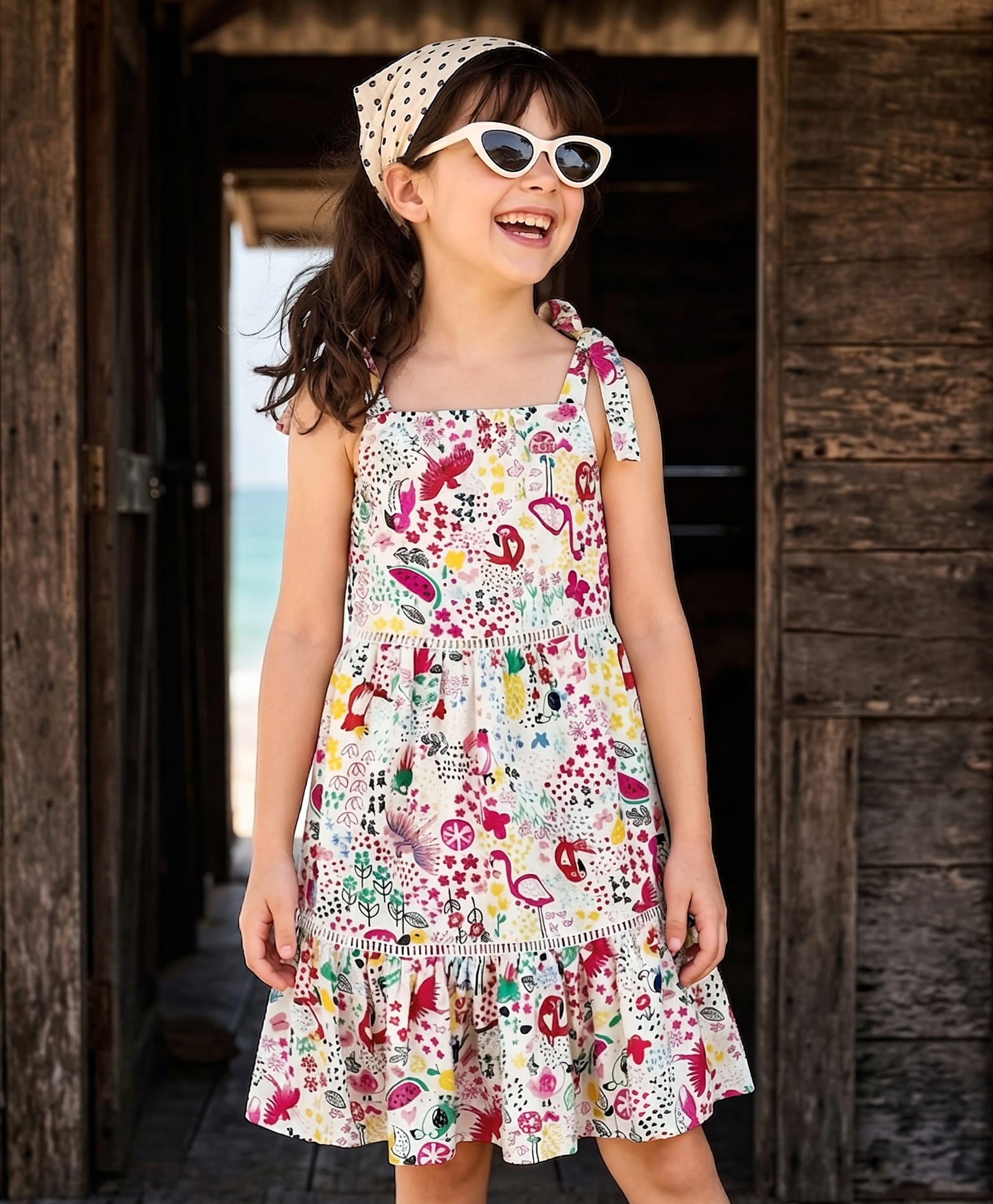 kookie kids india Kookie Kids Cotton Rayon Woven Sleeveless Floral Printed Frock With Lace Detailing - Multicolor-picture-37